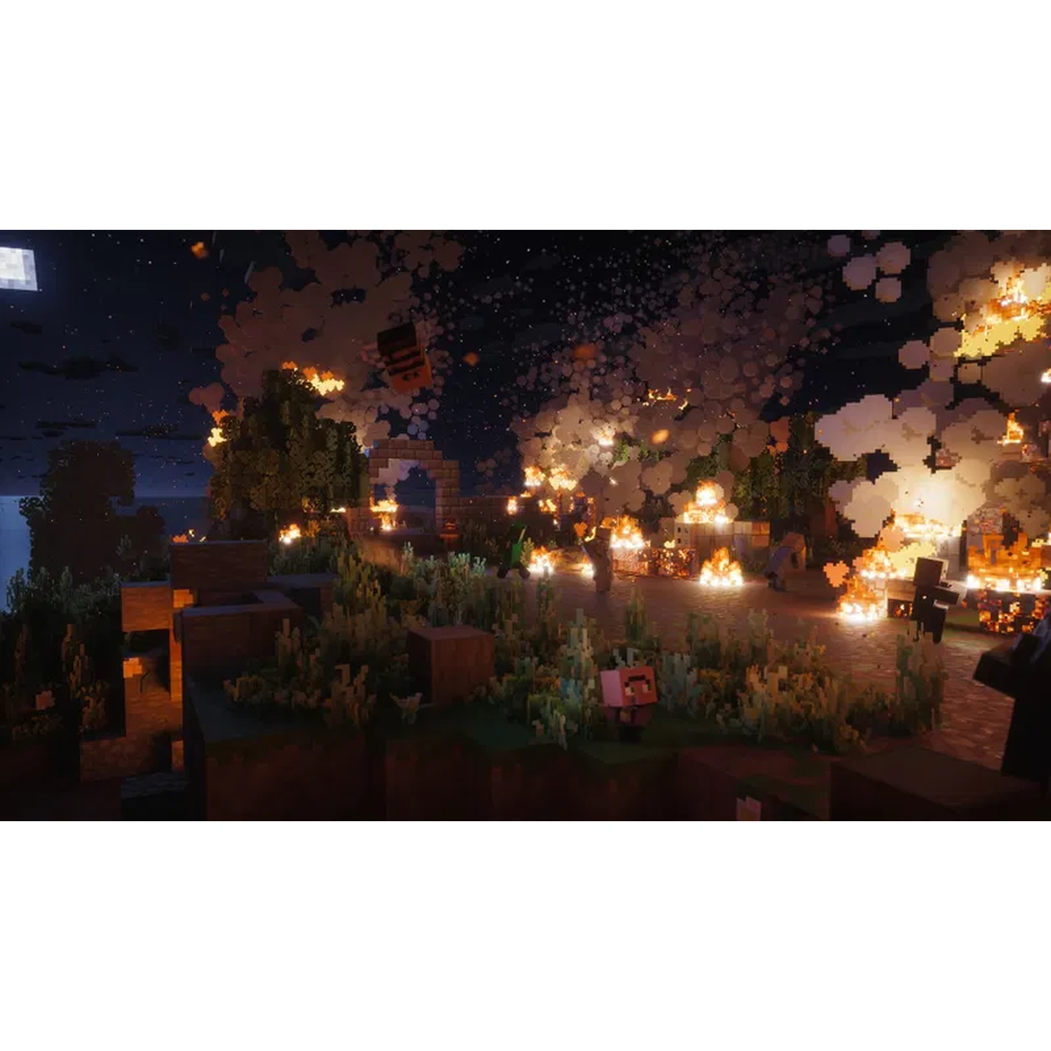Une scène Minecraft la nuit avec de nombreux incendies, de la fumée et la lune.