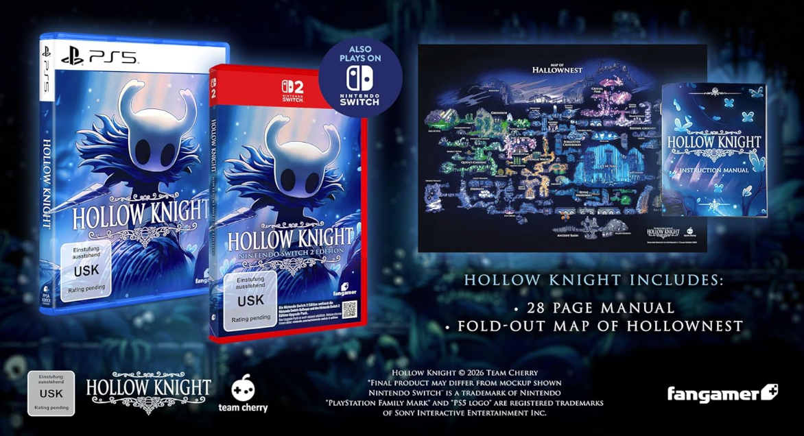 Hollow Knight Spielhüllen für PS5 und Switch, Karte und Handbuch.
