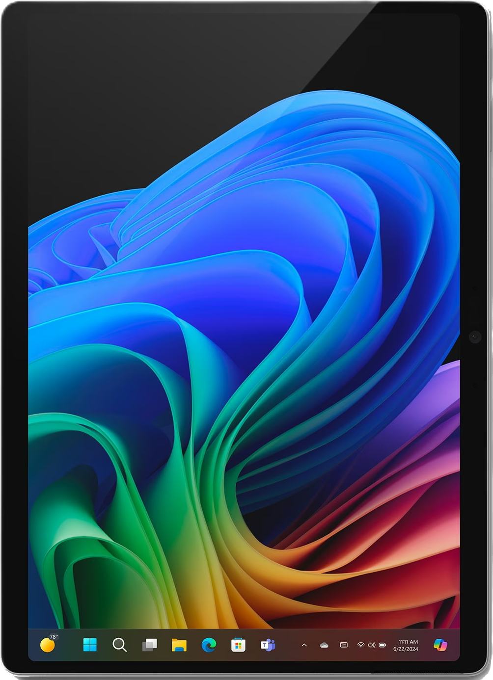 A tablet displaying an abstract, colorful wallpaper and a taskbar.