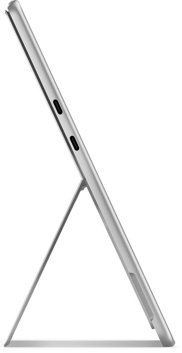 Silver tablet with integrated kickstand, side view.
