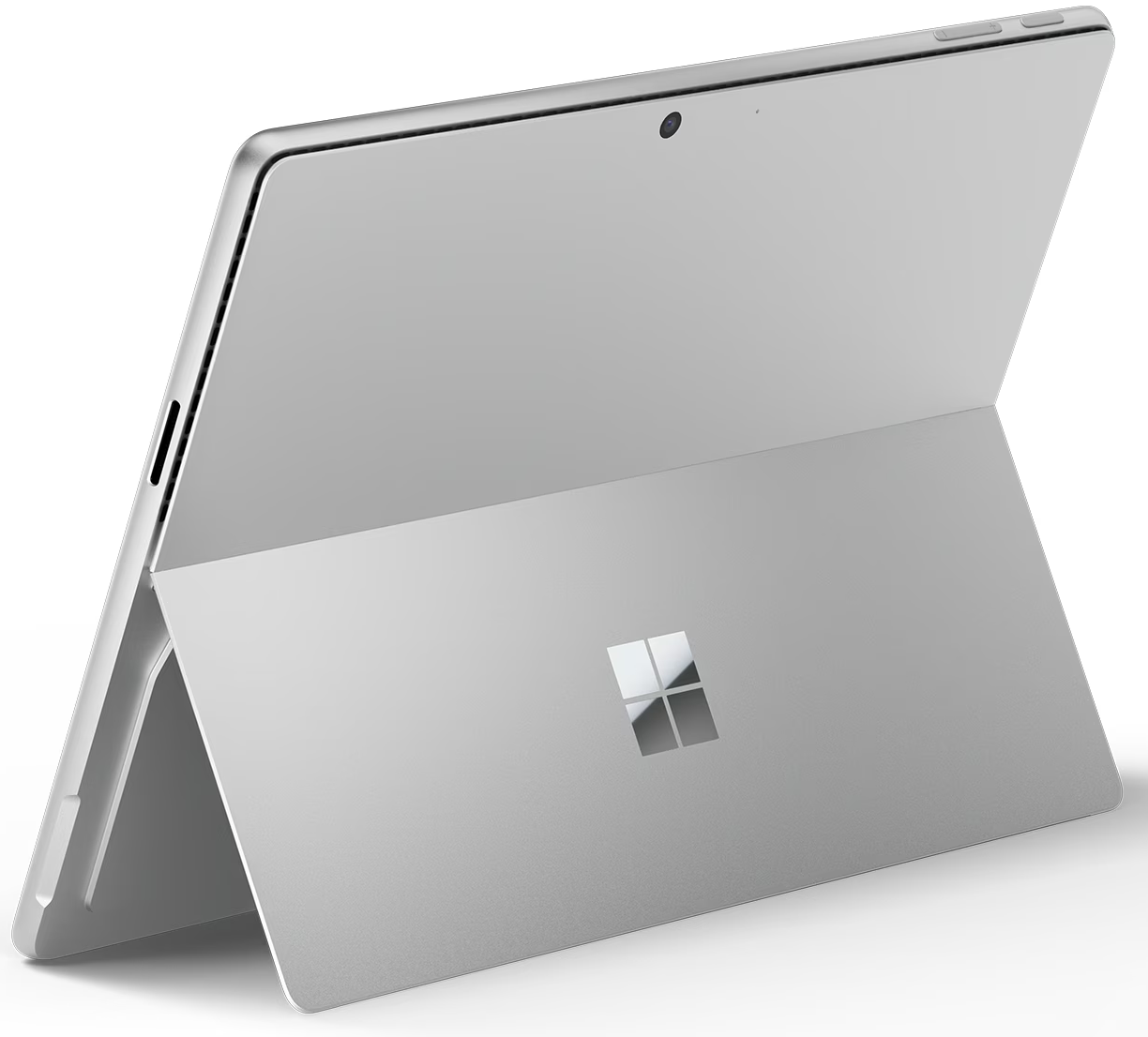 A silver tablet with a kickstand and Microsoft logo.