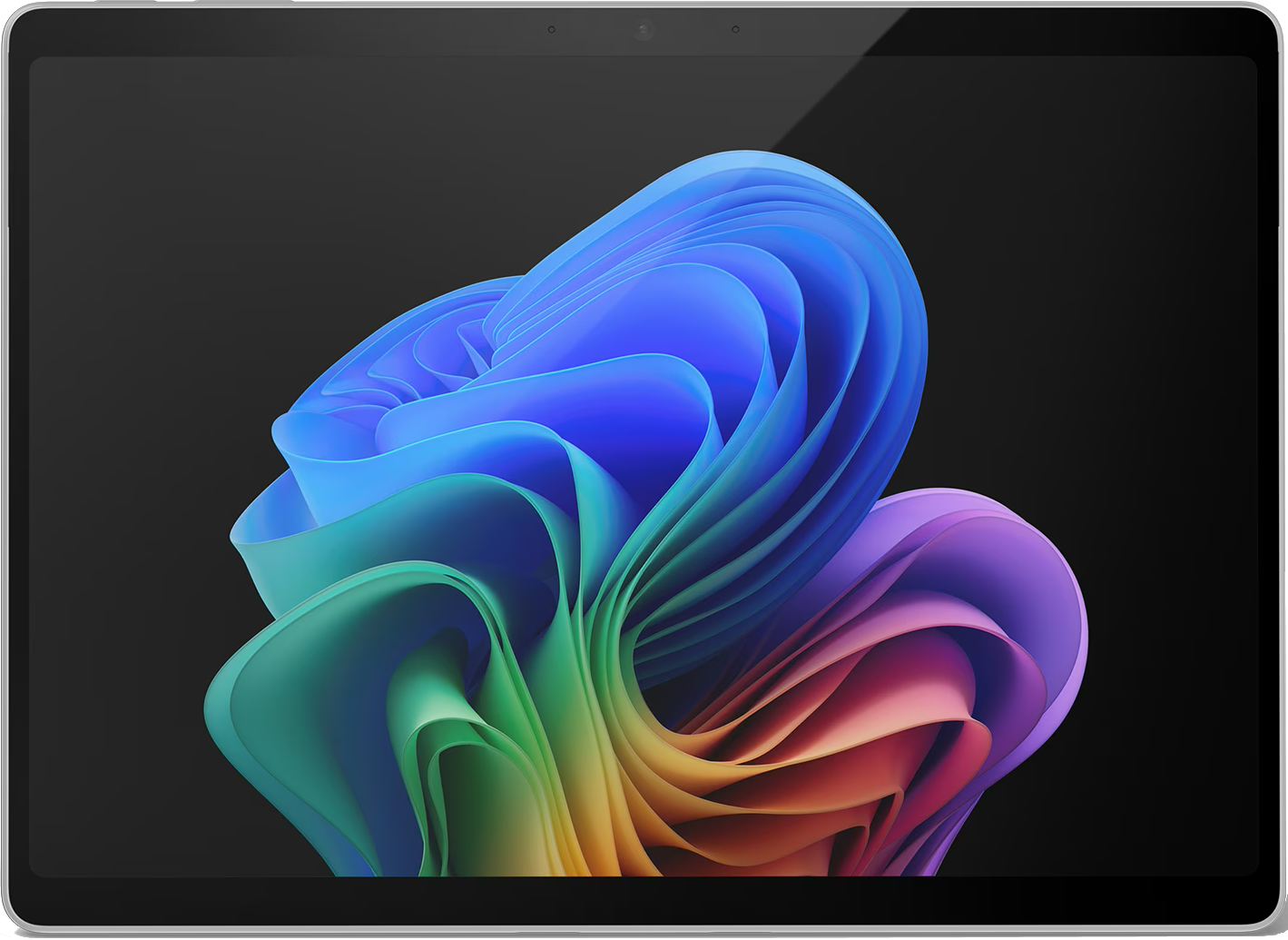 A tablet displays an abstract, colorful background pattern resembling layered fabric.