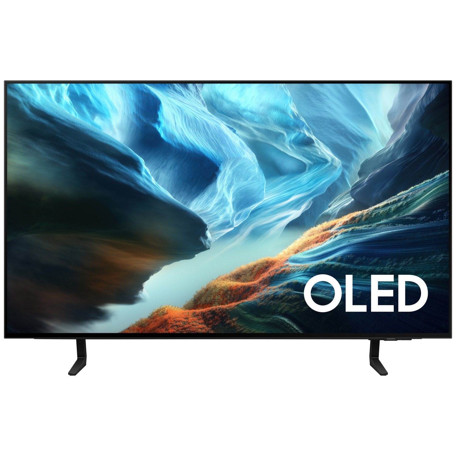 Un téléviseur noir affichant un logo OLED sur fond abstrait bleu et orange.