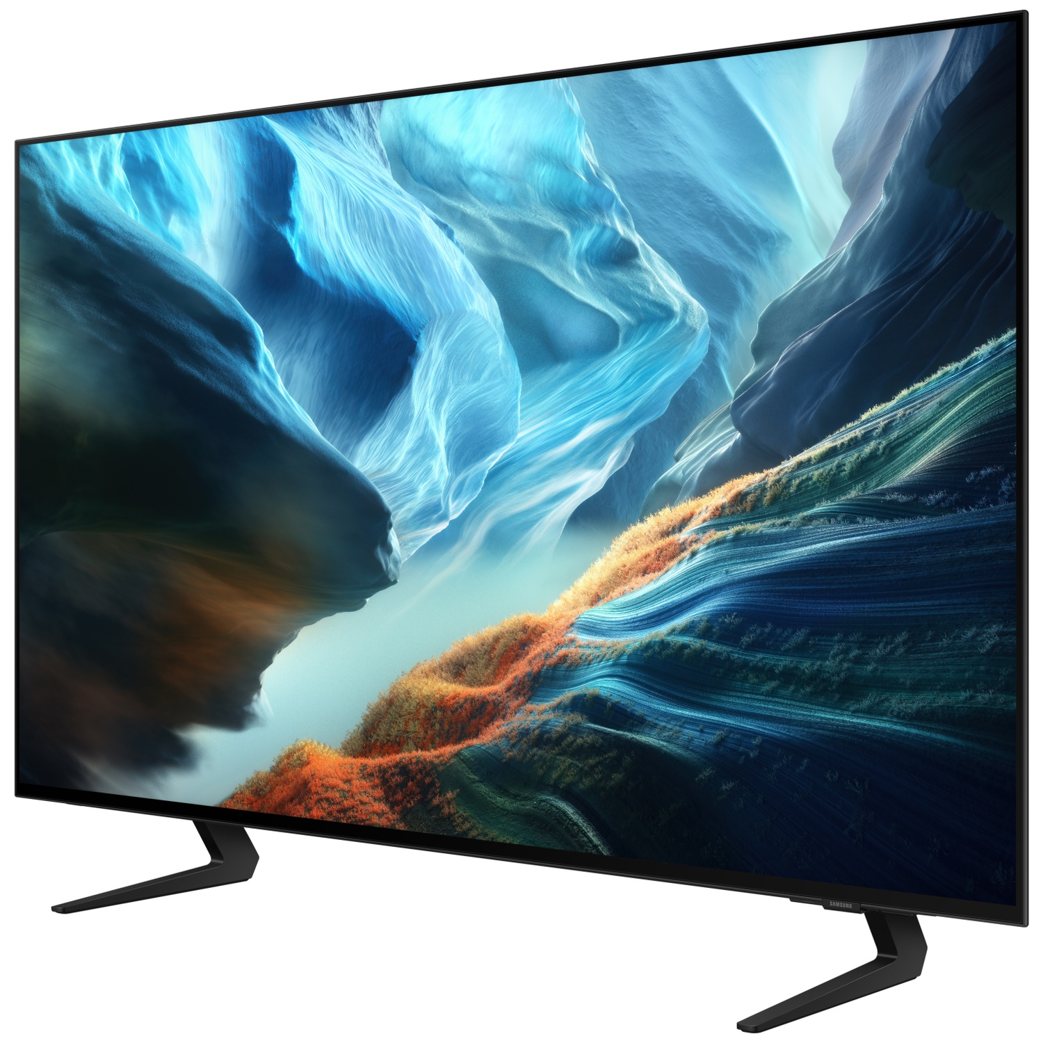 Une télévision moderne à écran plat affiche une image abstraite vibrante aux teintes bleues et oranges sur son écran.