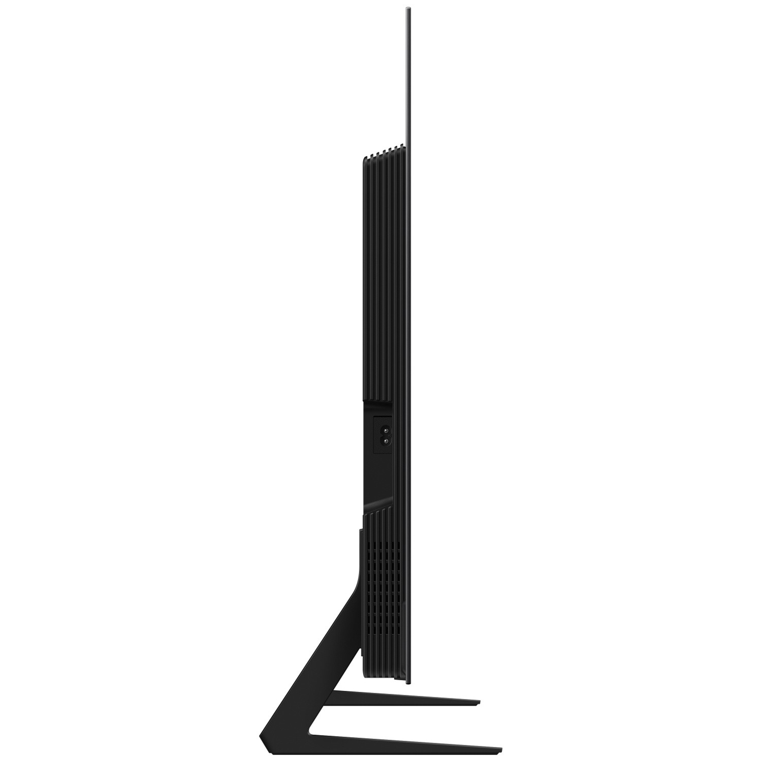 Téléviseur noir sur un support étroit, vu de côté.
