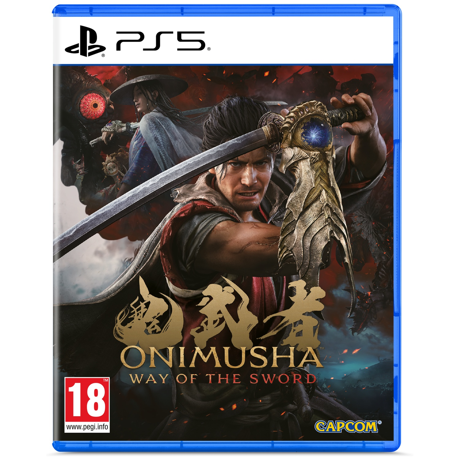 Een man met zwaard en een monster op de PS5-hoes van Onimusha: Way of the Sword.