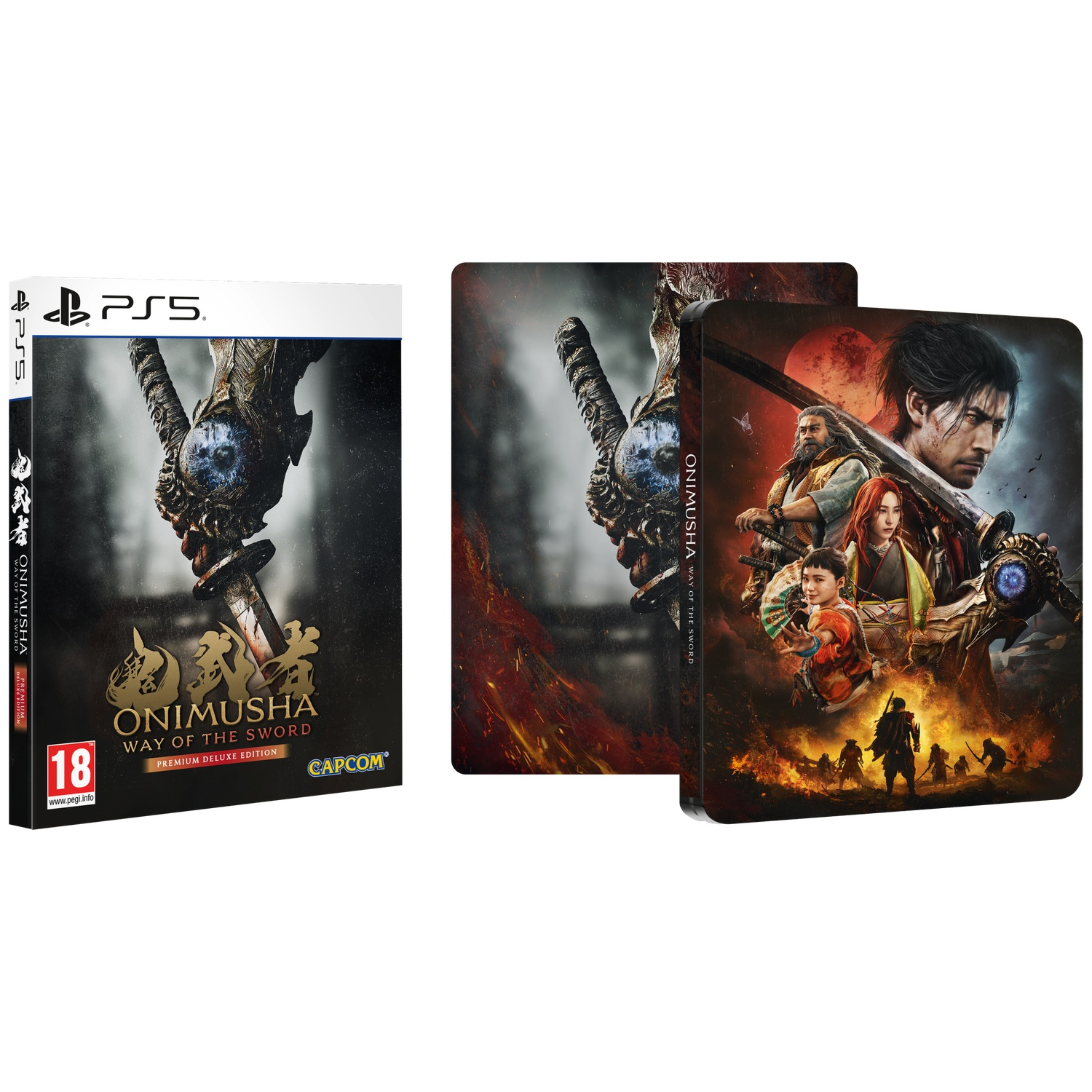 PS5 game en steelbook voor Onimusha: Way of the Sword, met personages en een zwaard.