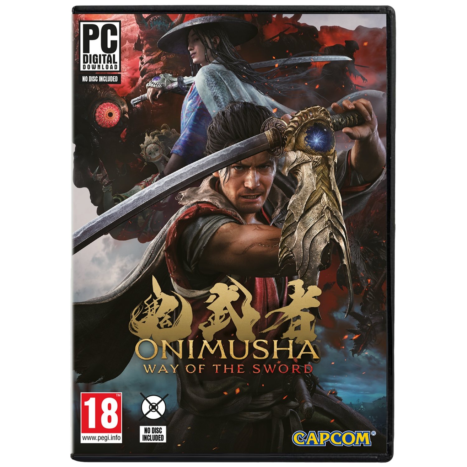 Een man met een zwaard, een vrouw en een monster op de Onimusha game cover.