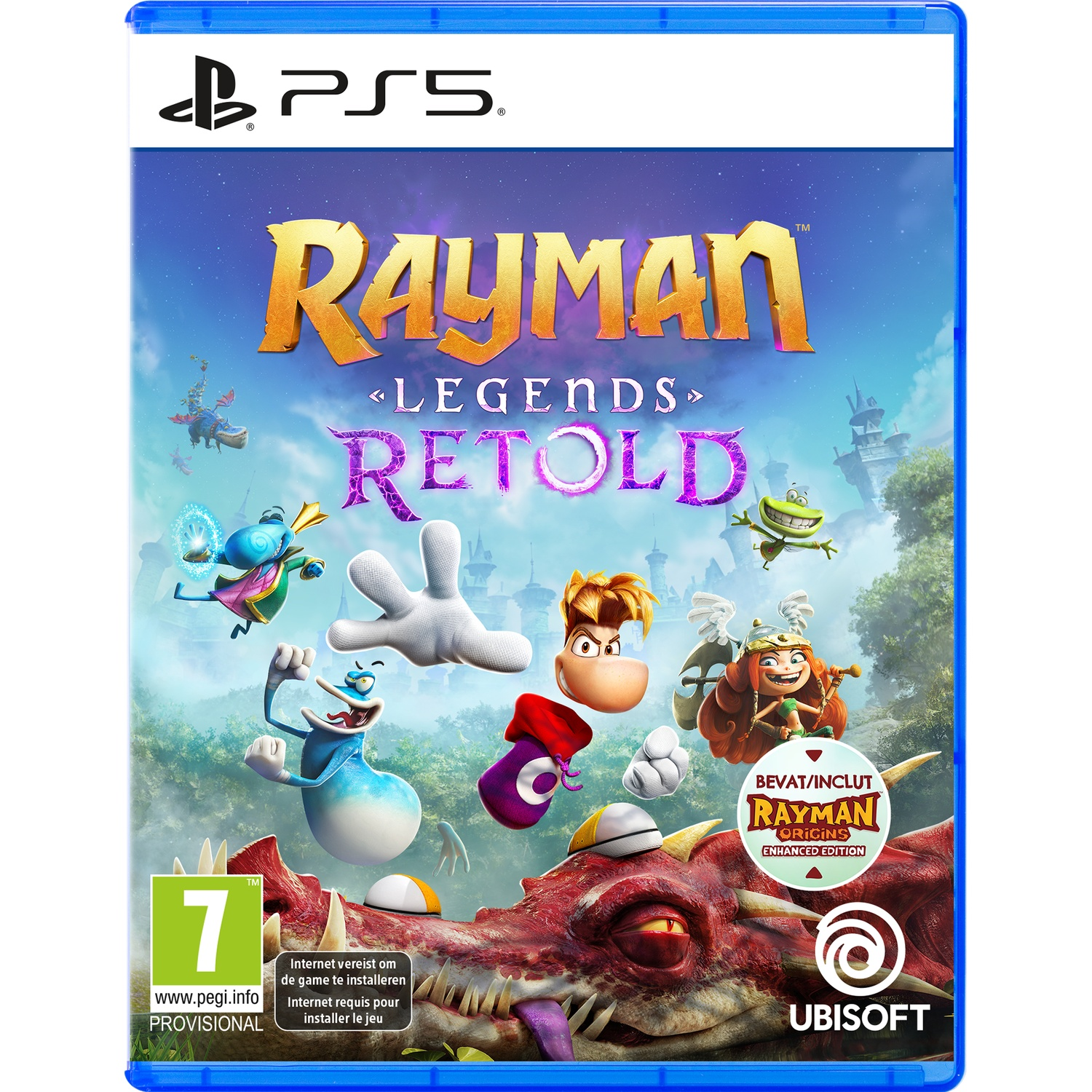 PS5 gamehoes: Rayman-personages en een draak tegen een nachtelijke hemel.