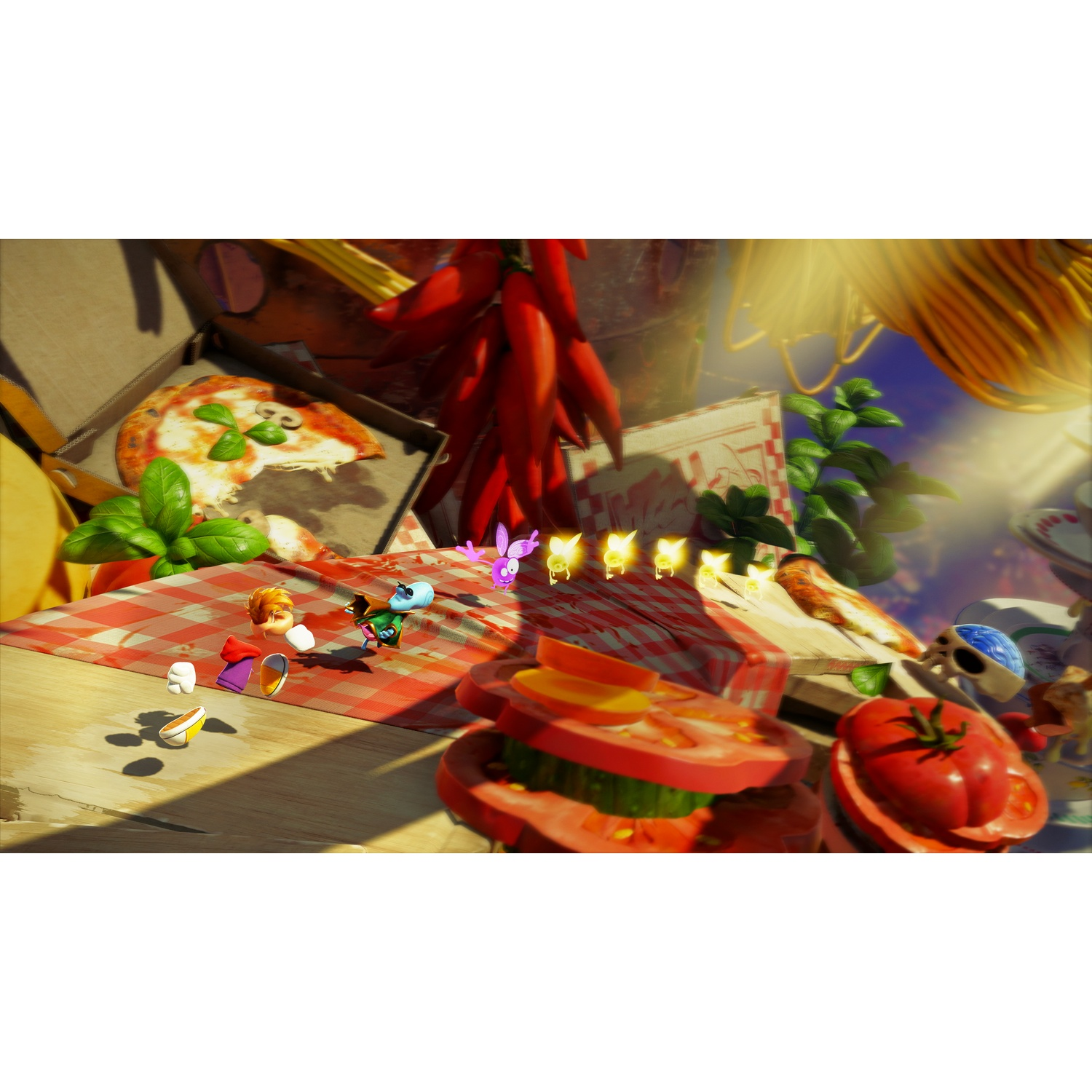 Een kleurrijke scène met stripfiguren, pizza en groenten op een geblokte doek.