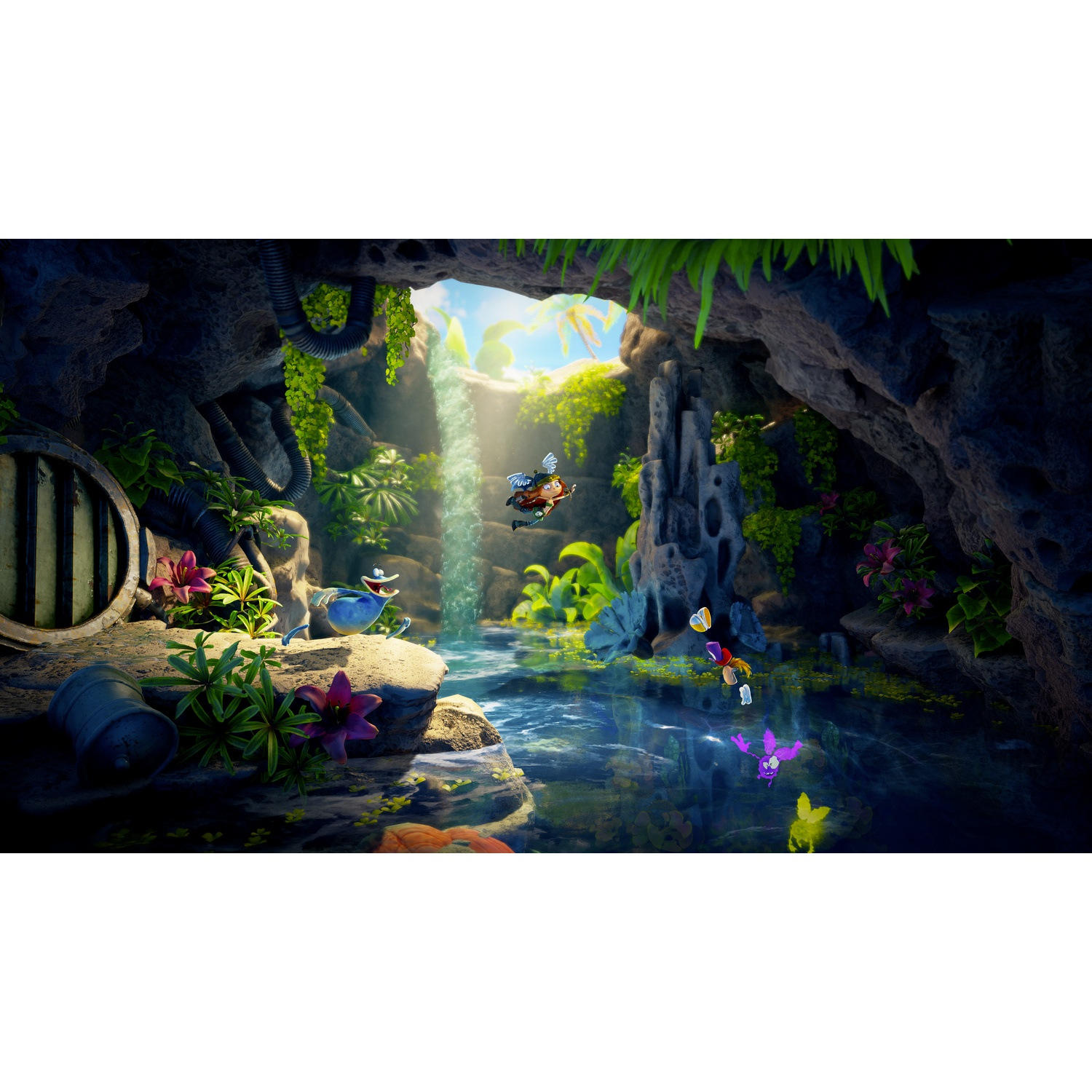 Geanimeerde personages met vleugels zwemmen in een grot met waterval en planten.