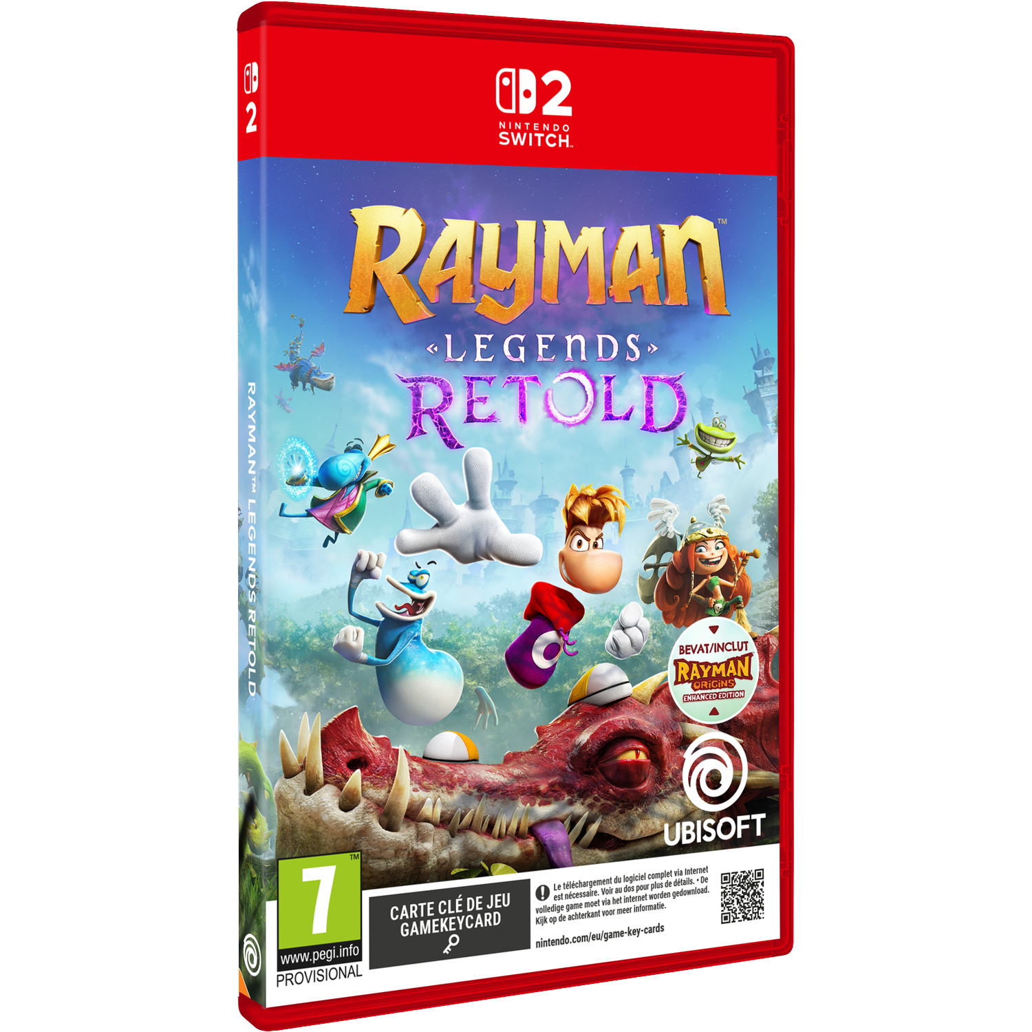 Nintendo Switch gamehoes voor Rayman Legends Retold, met personages en een draak.