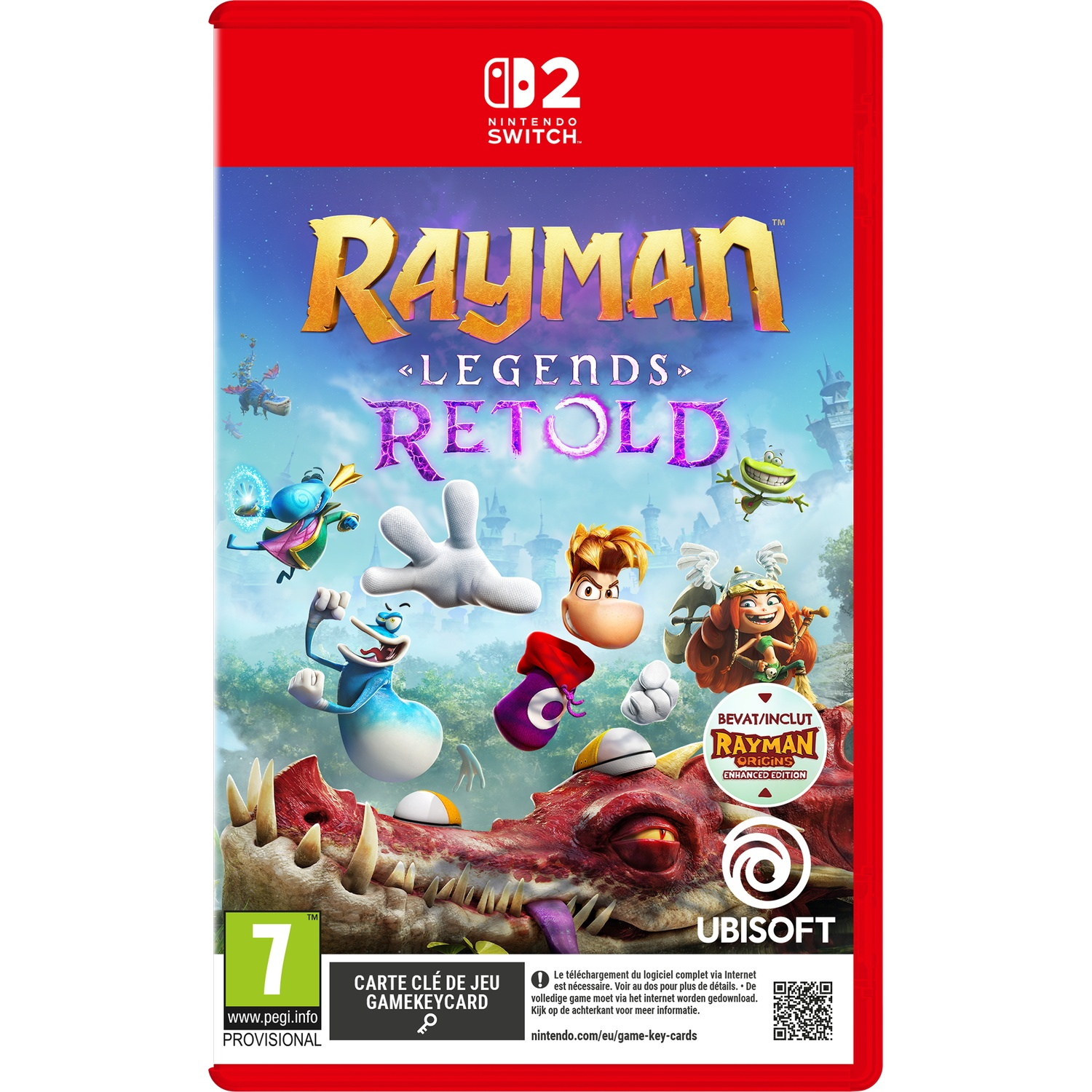 Nintendo Switch hoes voor Rayman Legends Retold, met personages en drakenkop.