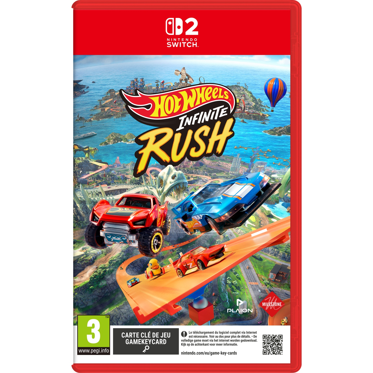 Couverture Nintendo Switch Hot Wheels Infinite Rush: Deux voitures sur piste, logo Hot Wheels, PEGI 3.