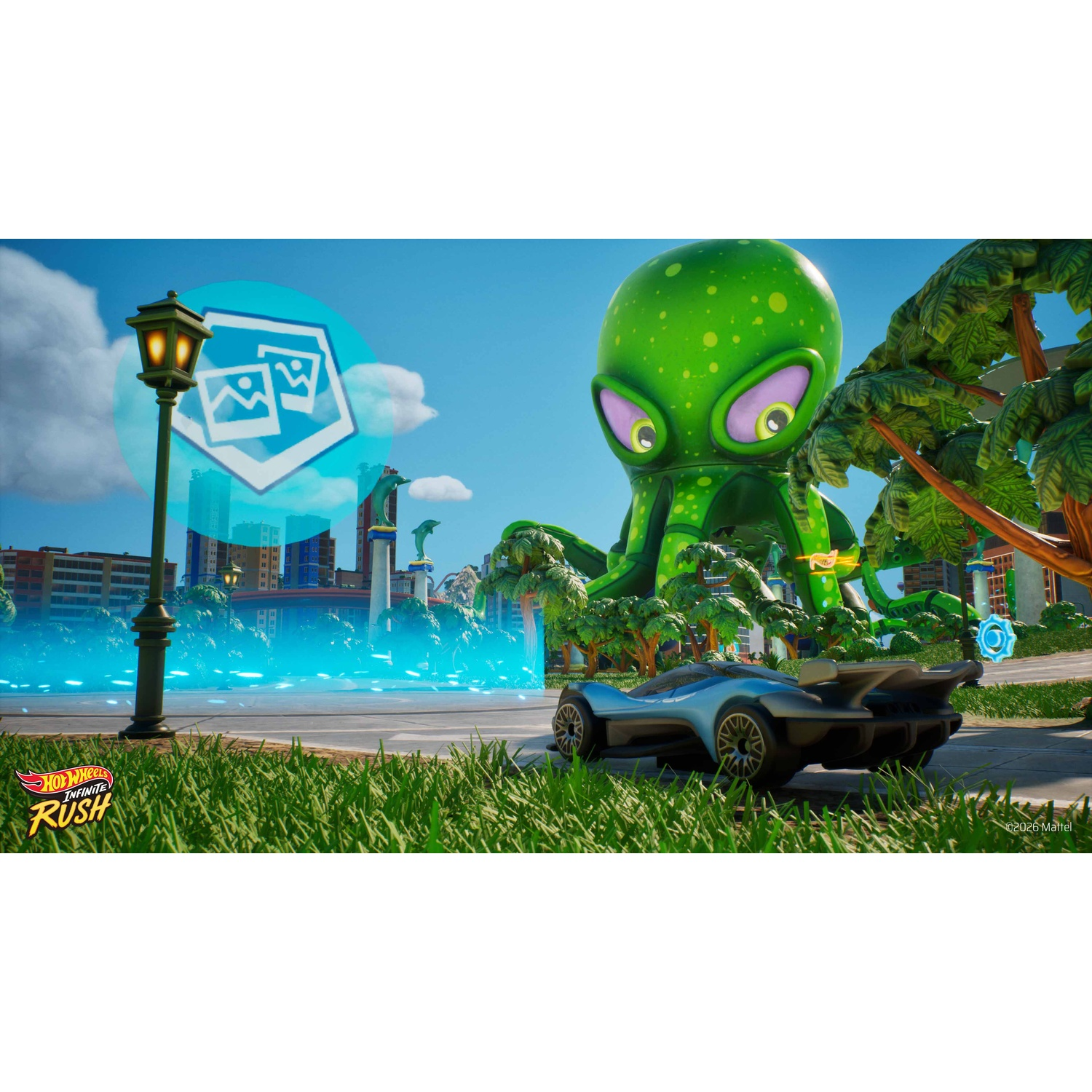 Une voiture futuriste sur une route avec un poulpe alien vert géant en arrière-plan.
