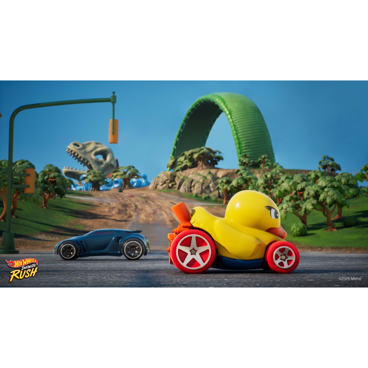 Une voiture canard jaune et une voiture bleue roulent sur une route avec un crâne de dinosaure.