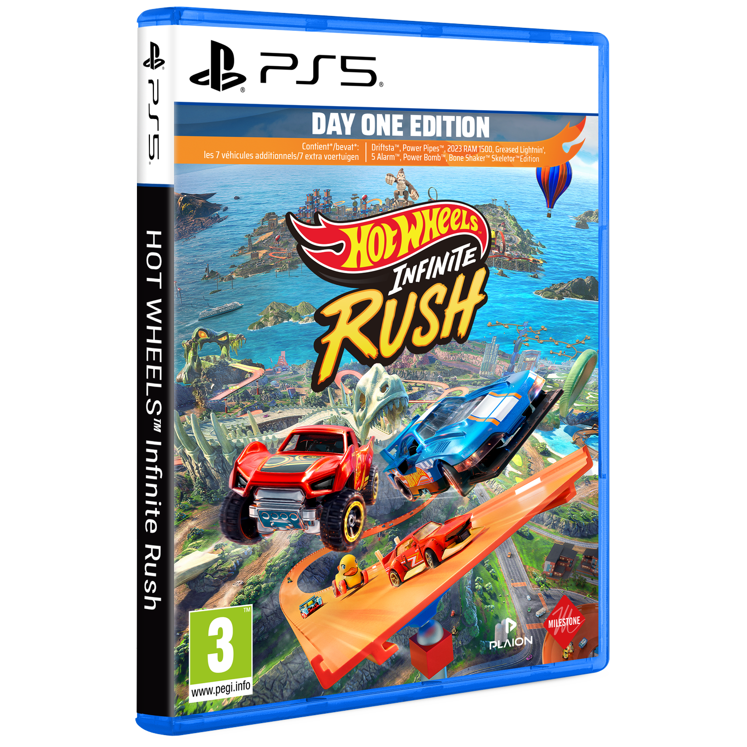Boîtier PS5 Hot Wheels Infinite Rush avec voitures sur piste et dinosaure.