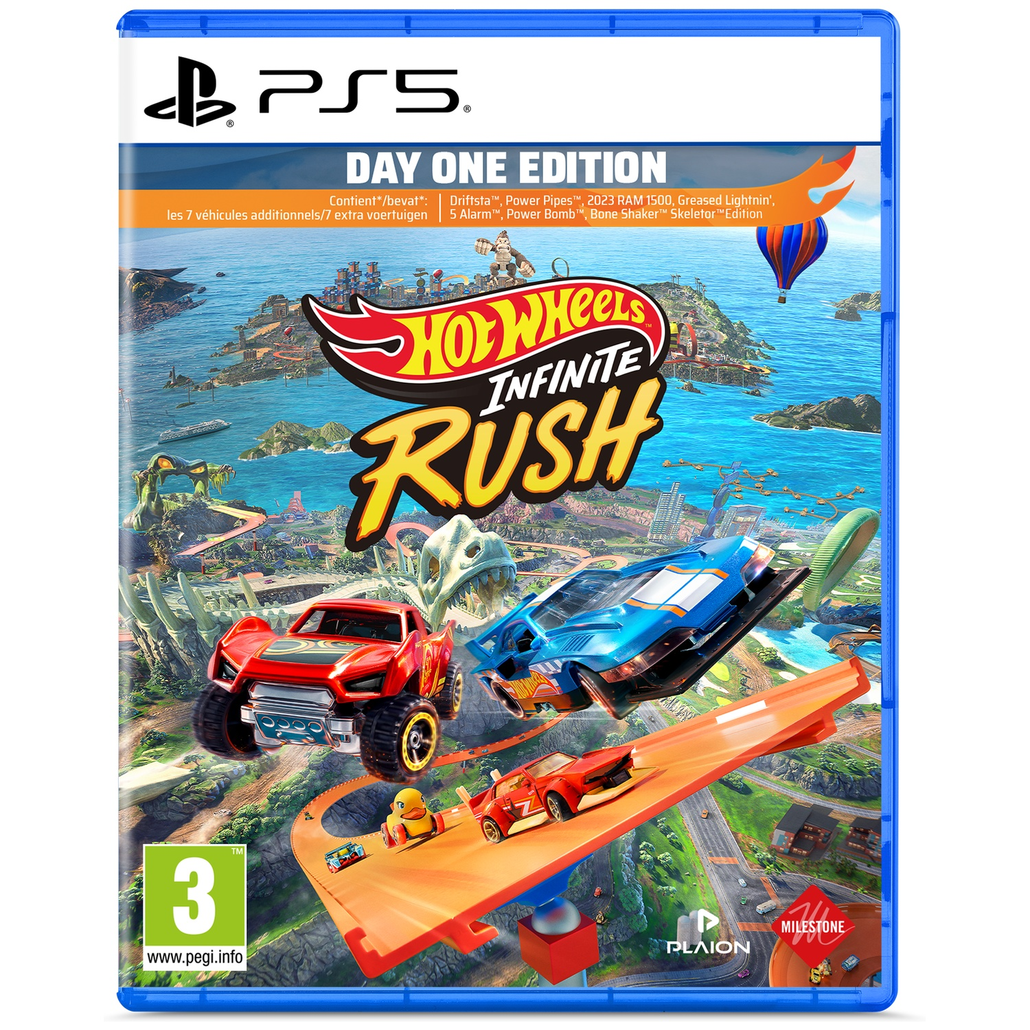 Boîtier de jeu PS5 Hot Wheels Infinite Rush avec voitures sur pistes et îles.