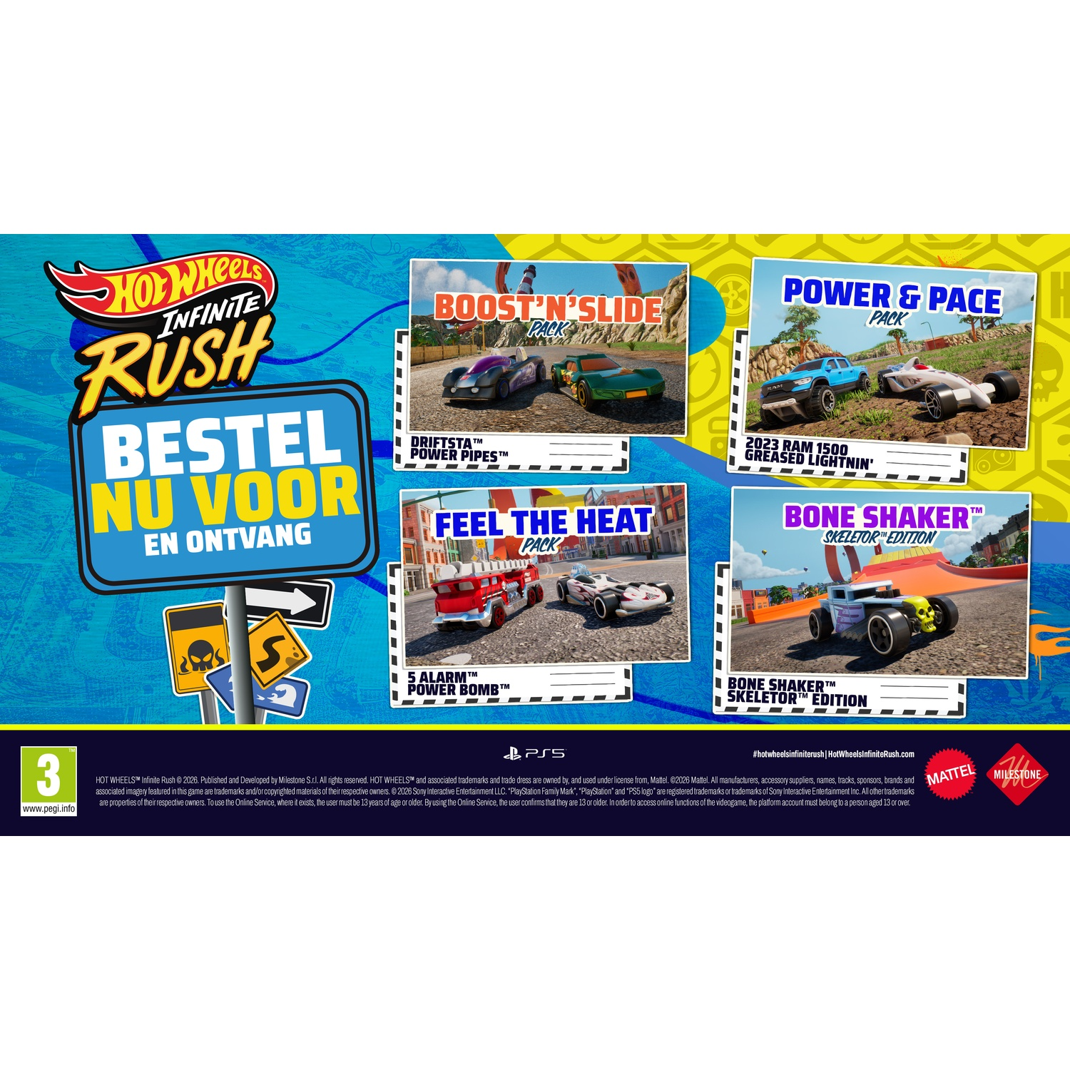 Illustration du jeu Hot Wheels Infinite Rush avec quatre packs de voitures et logo PS5.