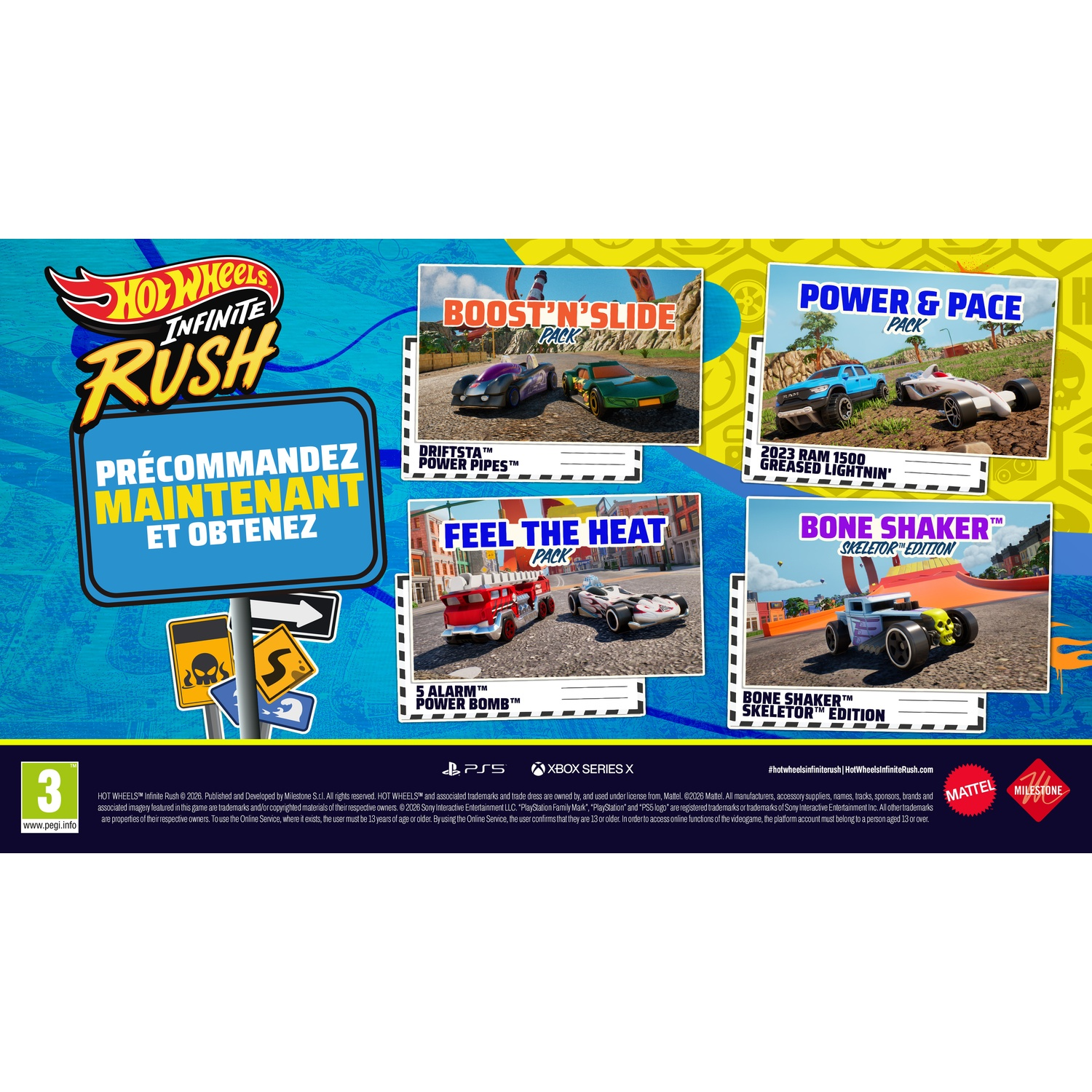 Publicité du jeu Hot Wheels Infinite Rush avec des voitures et le texte "Précommandez maintenant et obtenez".
