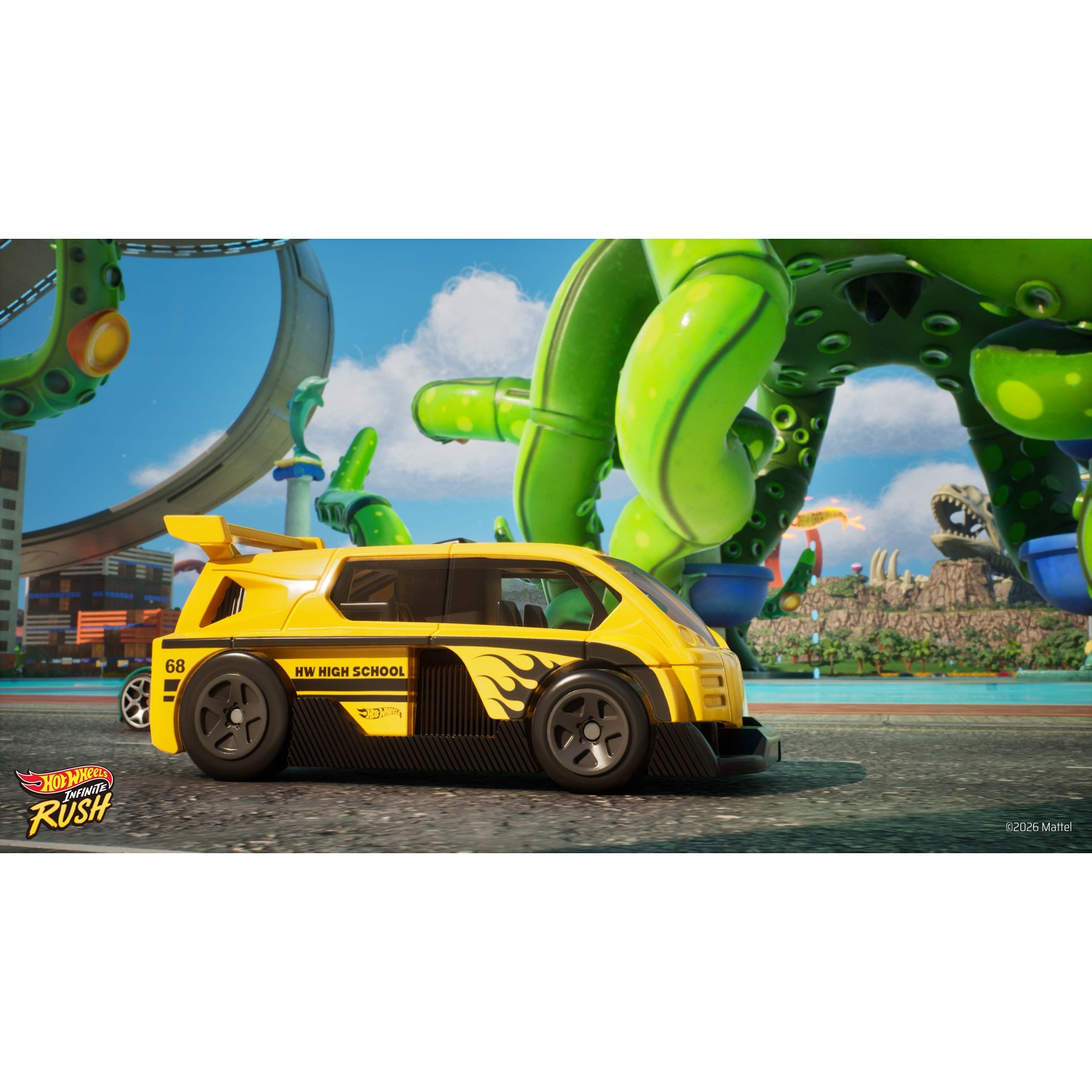 Van jaune Hot Wheels avec flammes sur une piste, tentacules verts en arrière-plan.