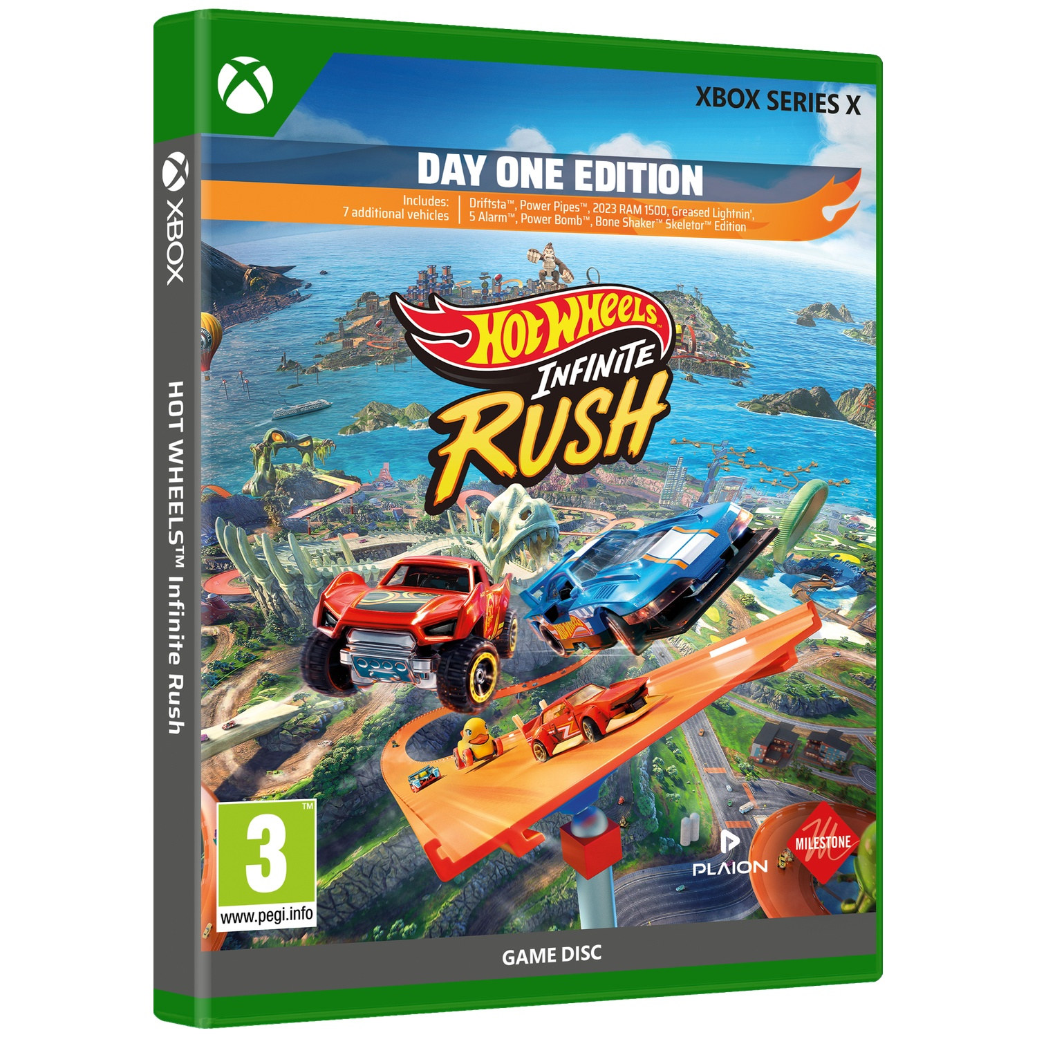 Couverture du jeu Xbox Hot Wheels Infinite Rush avec des voitures de course sur une piste, Édition Jour Un.