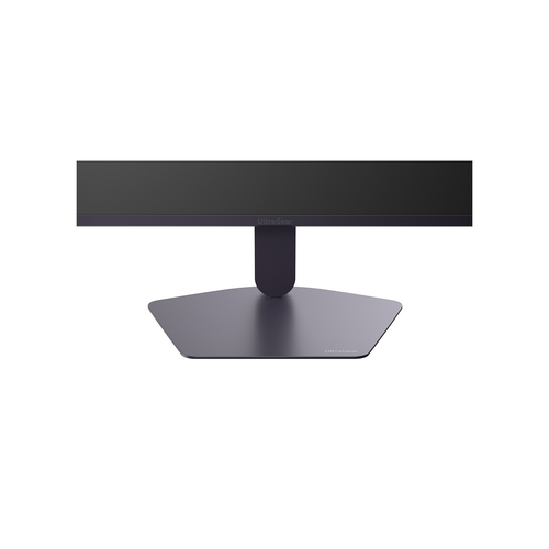 Un soporte de monitor oscuro con una base ancha y plana y un soporte vertical.