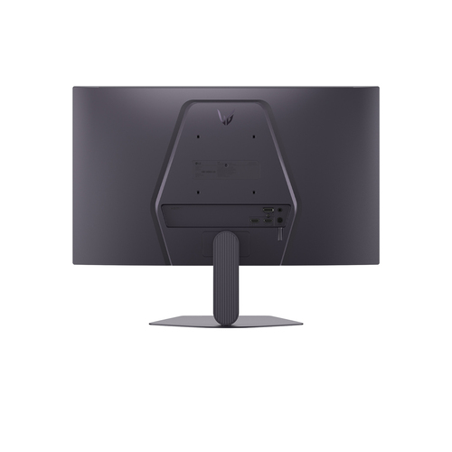 Vista trasera de un monitor negro con puertos y un soporte delgado.