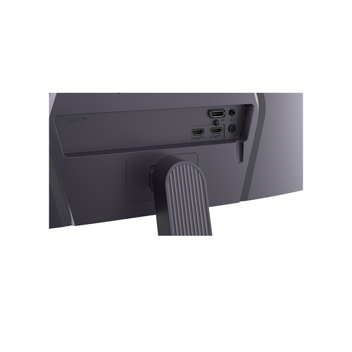 Parte trasera de un monitor con puertos HDMI, DP y audio. Carcasa gris.
