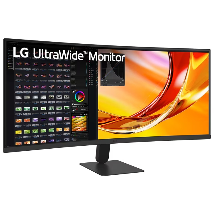 Un monitor ancho LG muestra una interfaz con miniaturas y un fondo colorido.