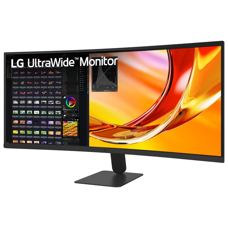 Un monitor LG UltraWide que muestra un fondo dinámico y colorido y una interfaz de usuario.
