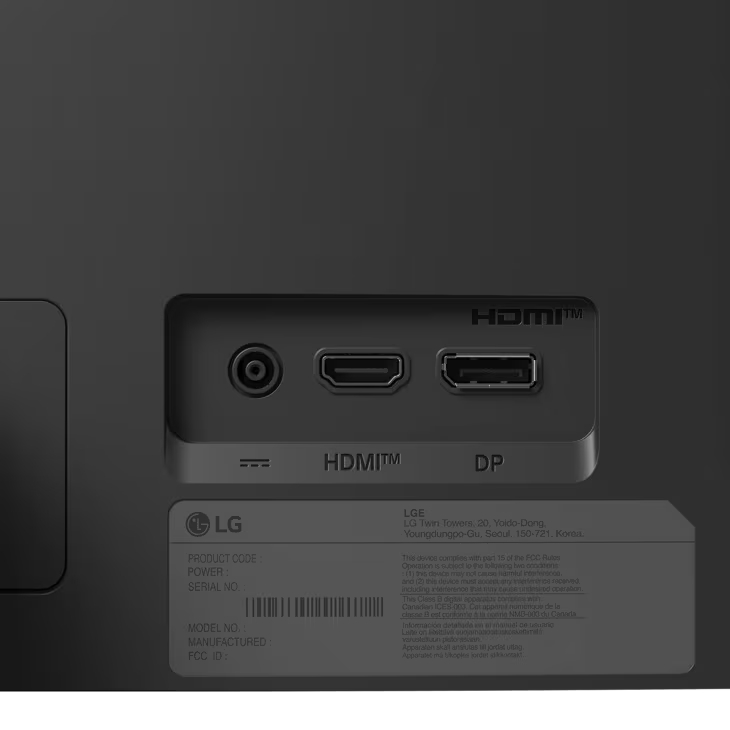 Panel de conexión con puertos HDMI, DP y de audio, más logotipo e información de LG.