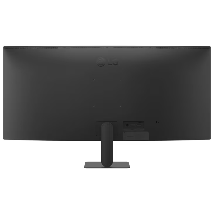 Parte trasera de un monitor LG negro con puertos y soporte.
