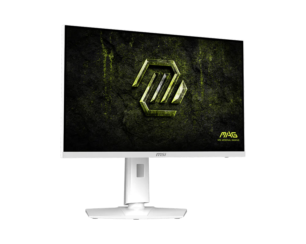 Un monitor gaming MSI blanco con fondo oscuro y texturizado y logo amarillo.