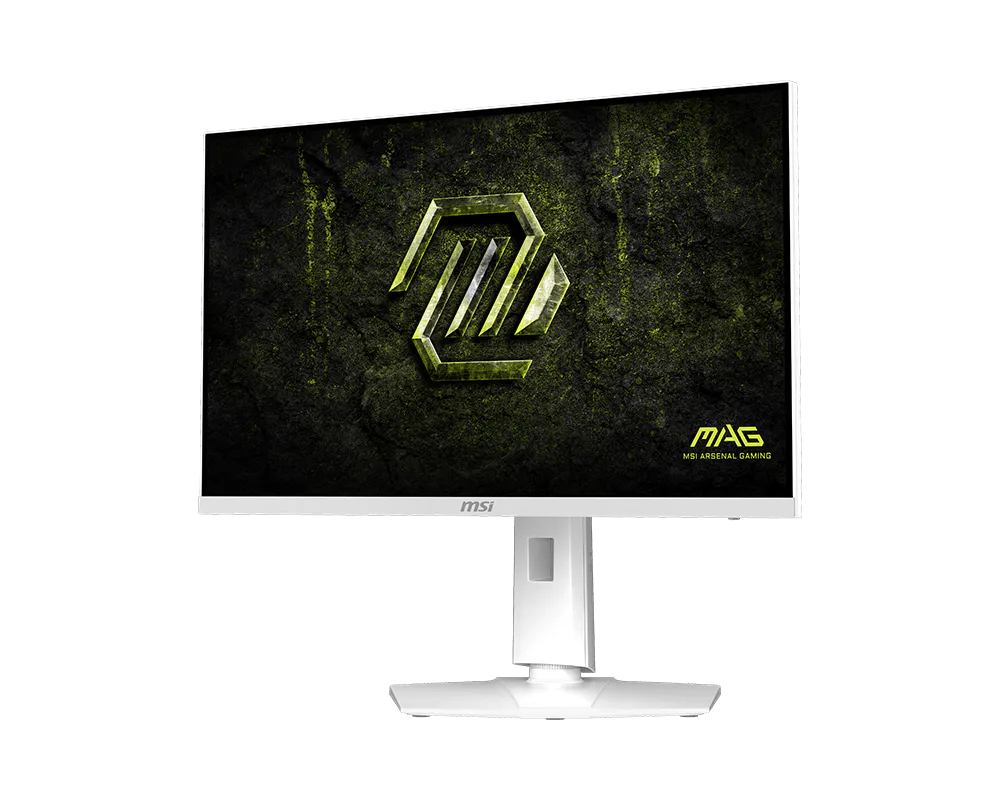 Un monitor gamer blanco MSI muestra un logo amarillo y negro sobre fondo texturizado.