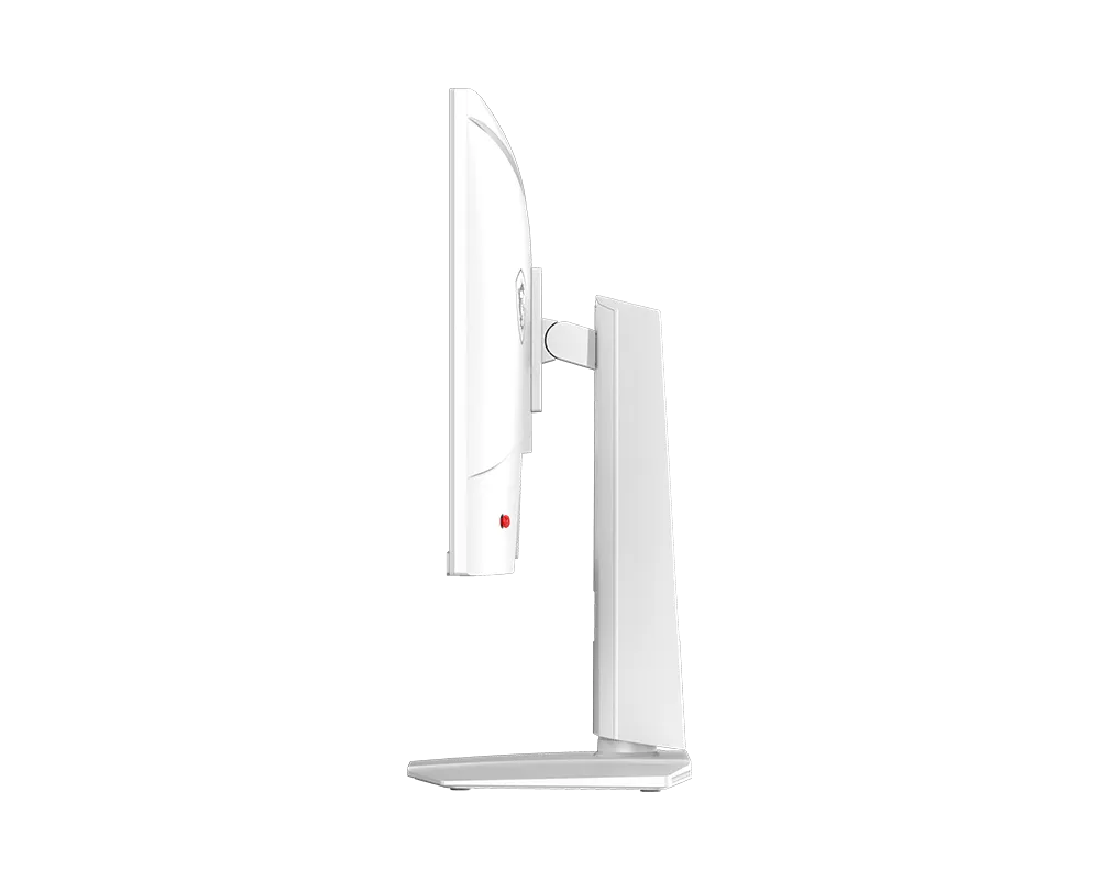 Vista lateral de monitor de computadora blanco con soporte redondo y botón rojo.