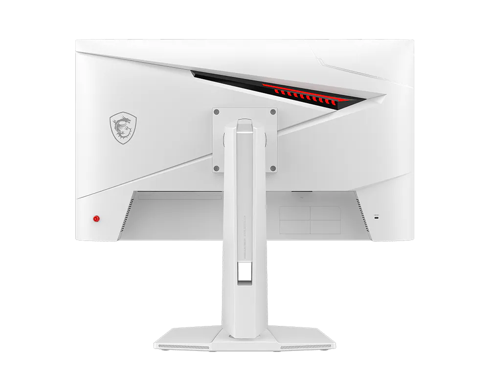 Parte trasera de un monitor blanco con logo MSI plateado y detalles rojos.