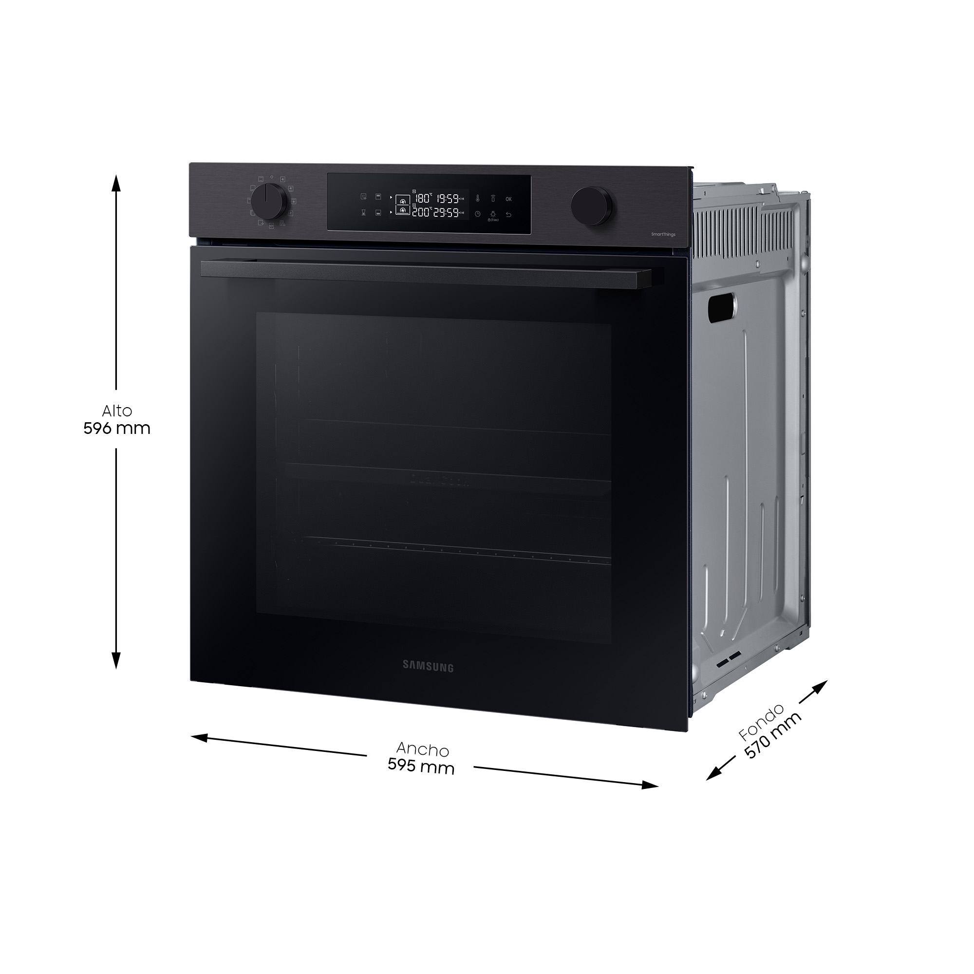 Horno empotrable con puerta de cristal negro, pantalla digital y mandos giratorios.