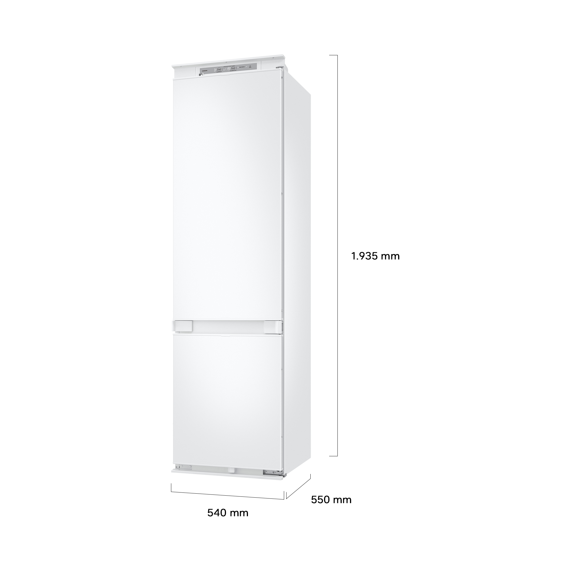 Refrigerador blanco con pantalla digital y dimensiones. Alto 1,935 m, ancho 0,54 m, fondo 0,55 m.