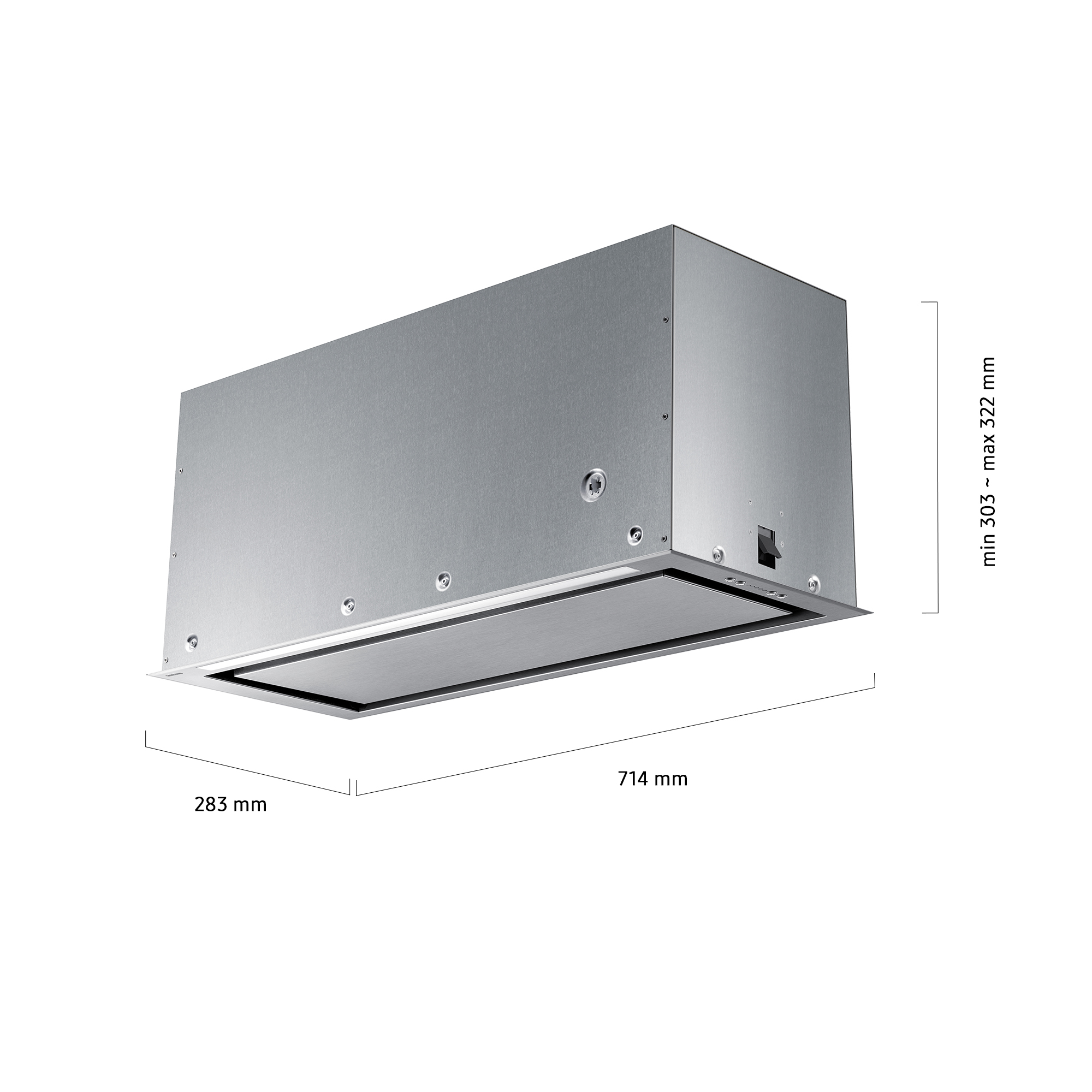 Una campana extractora plateada de 714 mm L, 283 mm P, 303-322 mm A.