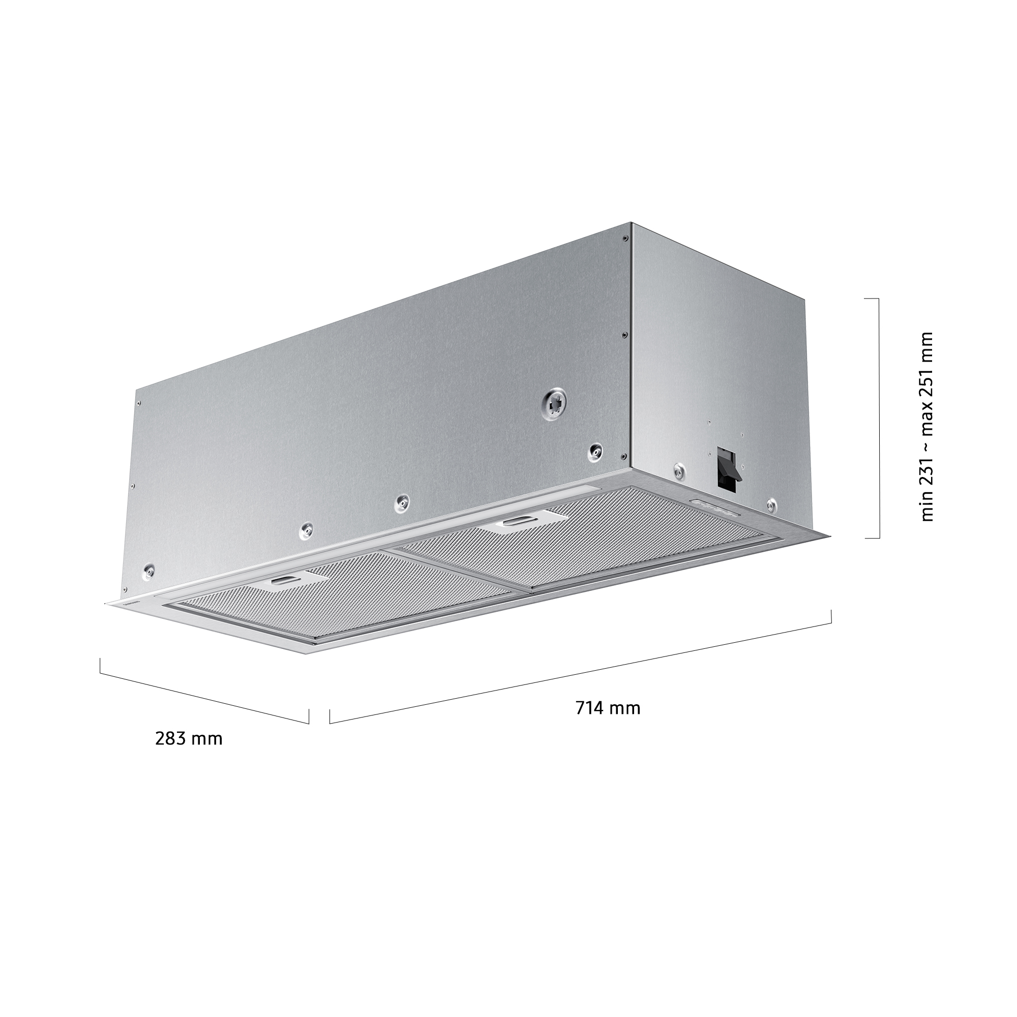 Campana extractora de acero inoxidable de 714x283 mm, ajuste altura 231-251 mm.