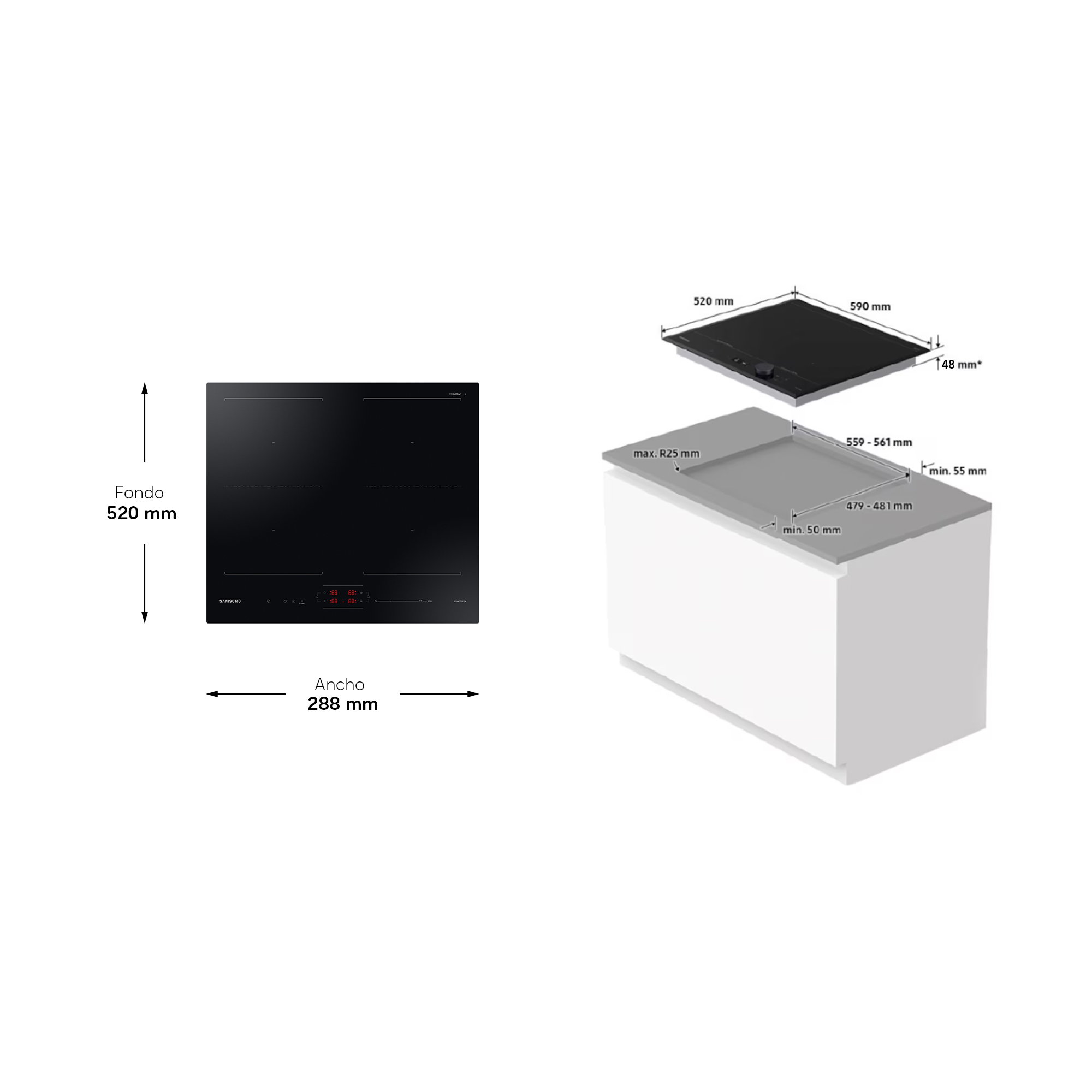 Placa de inducción negra con dimensiones y medidas de instalación.