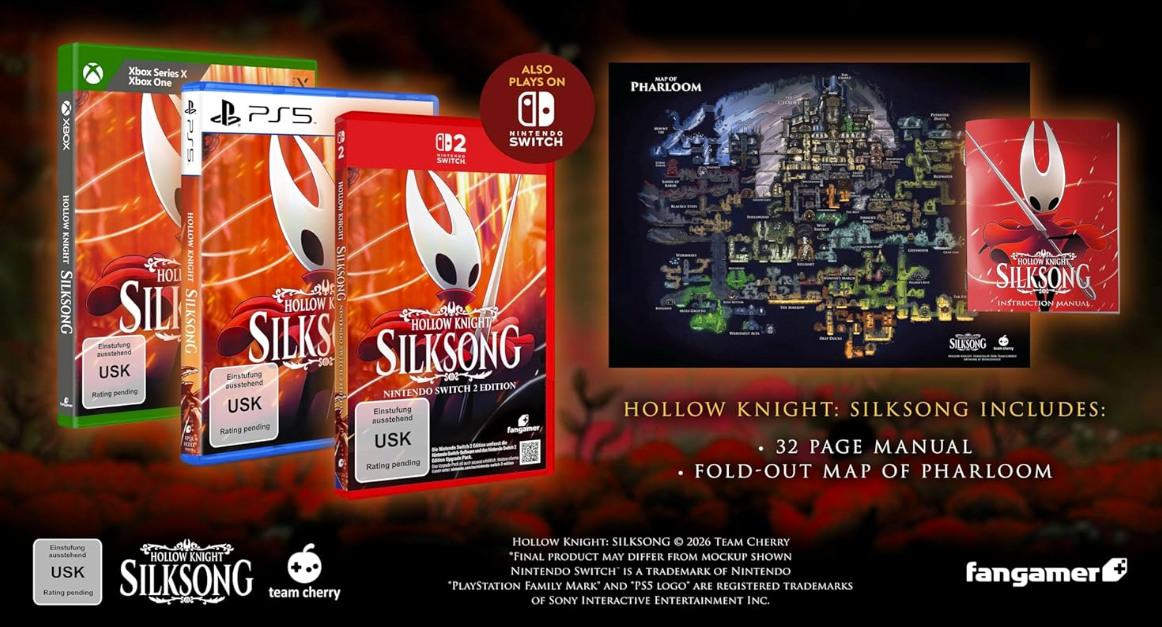 Hollow Knight: Silksong-Spielehüllen für Xbox, PS5 und Switch, plus Karte & Handbuch.