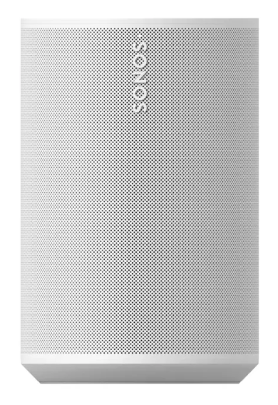 Biały głośnik Sonos z perforowaną kratką i logo.