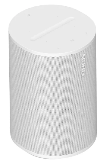 Biały głośnik Sonos z perforowanym grillem i przyciskami na górze.