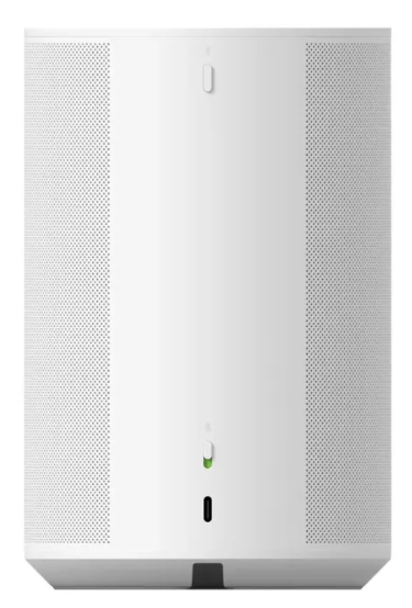 Biały głośnik z perforowanymi bokami i portem USB-C.