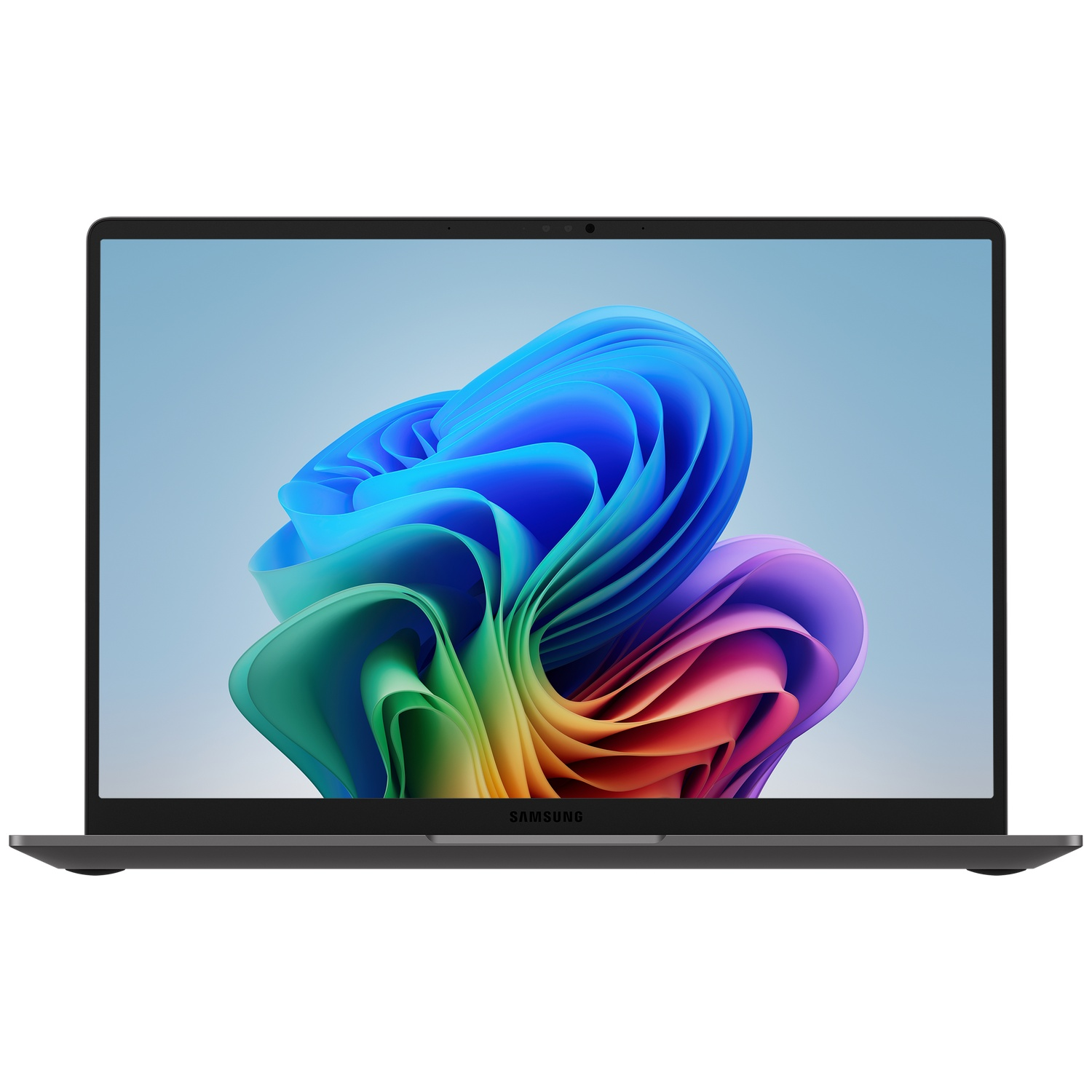 Ordinateur portable Samsung gris foncé avec fond clair et graphique coloré à l'écran.