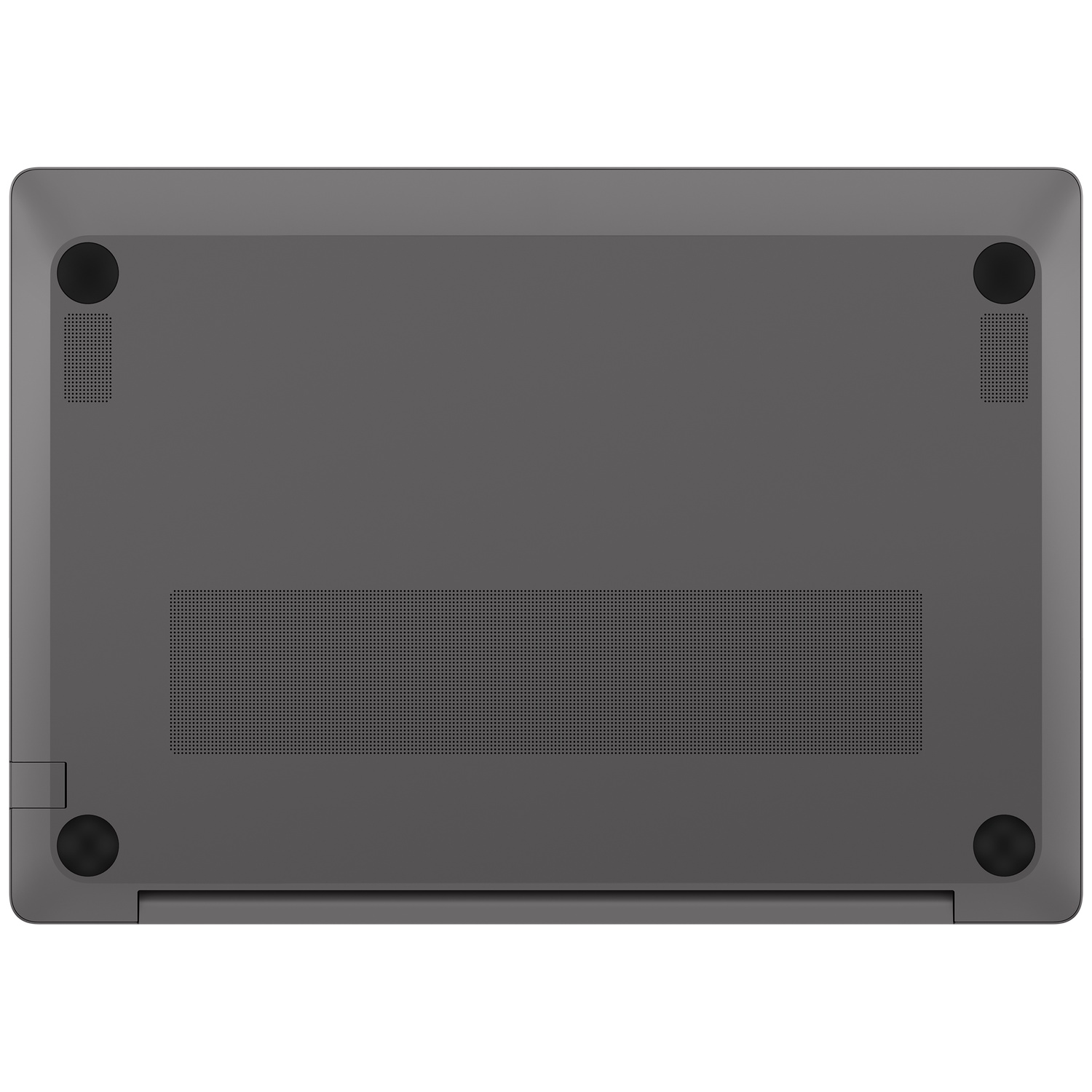 Dessous d'un ordinateur portable gris avec des évents et des pieds en caoutchouc.
