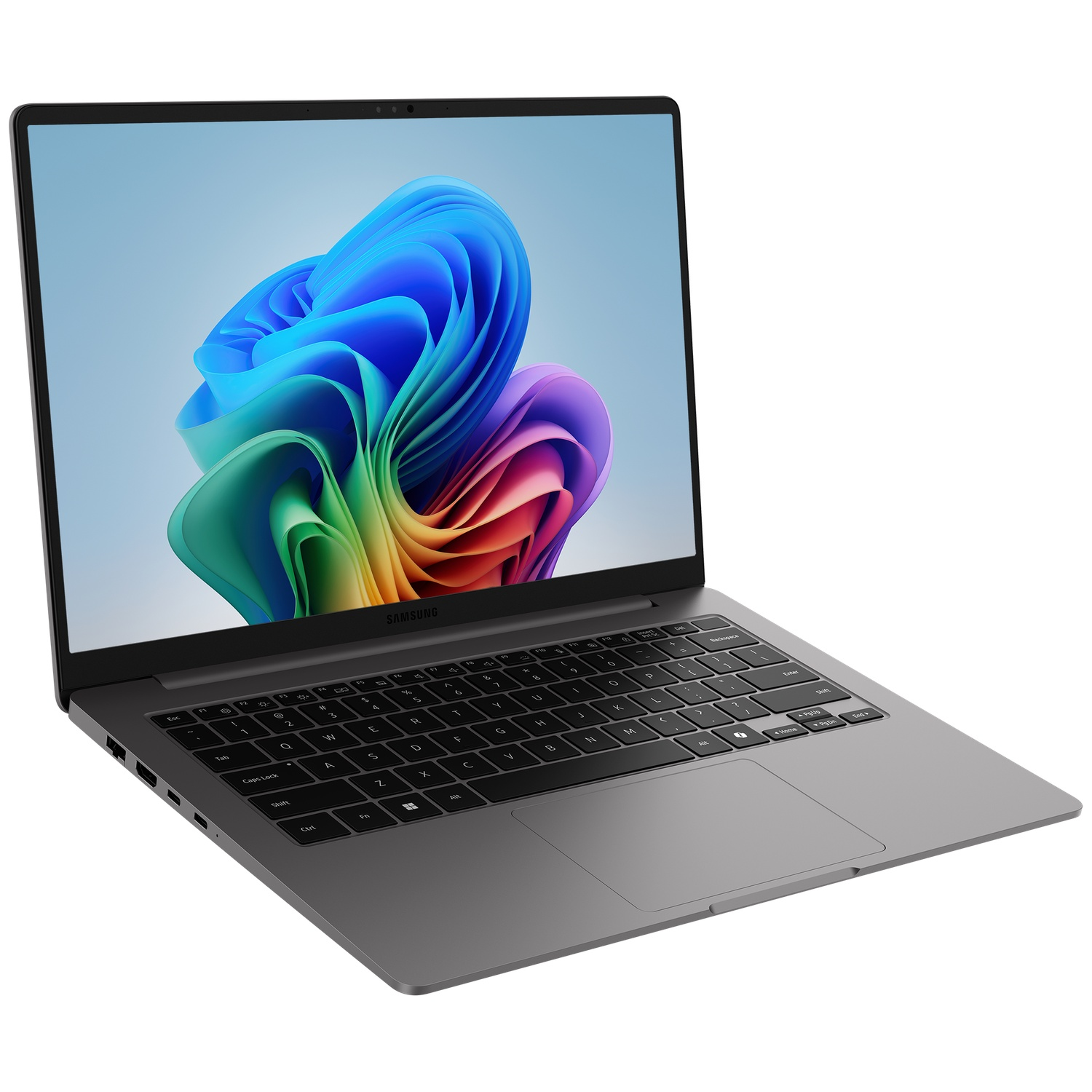 Un ordinateur portable Samsung gris avec un fond d'écran coloré sur son écran.