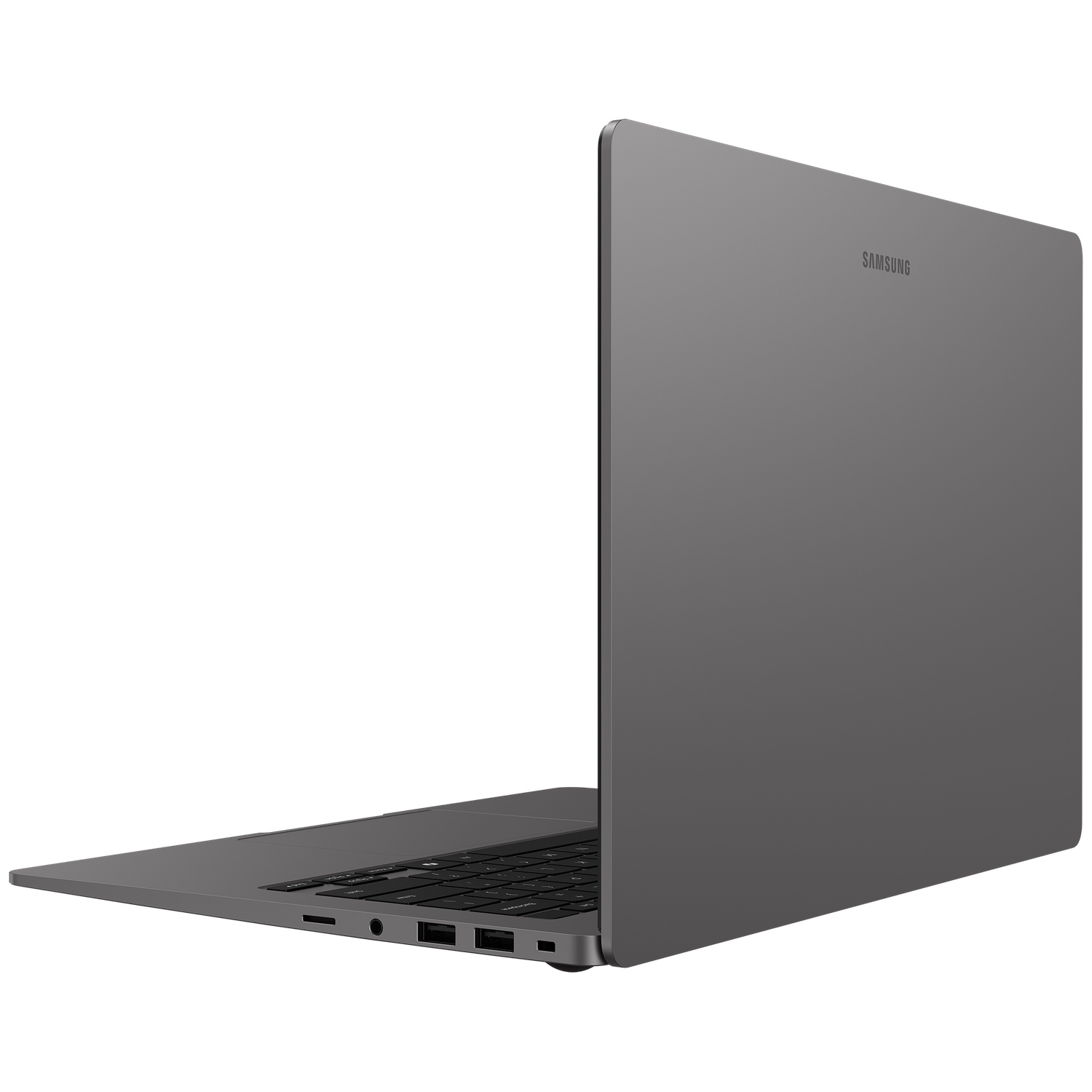 Ordinateur portable Samsung gris avec clavier et ports, vu de dos.